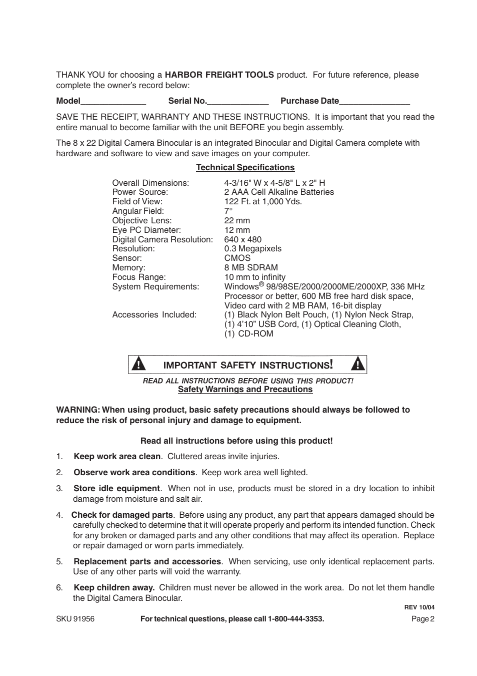 Harbor Freight Tools 91956 User Manual | Page 2 / 7