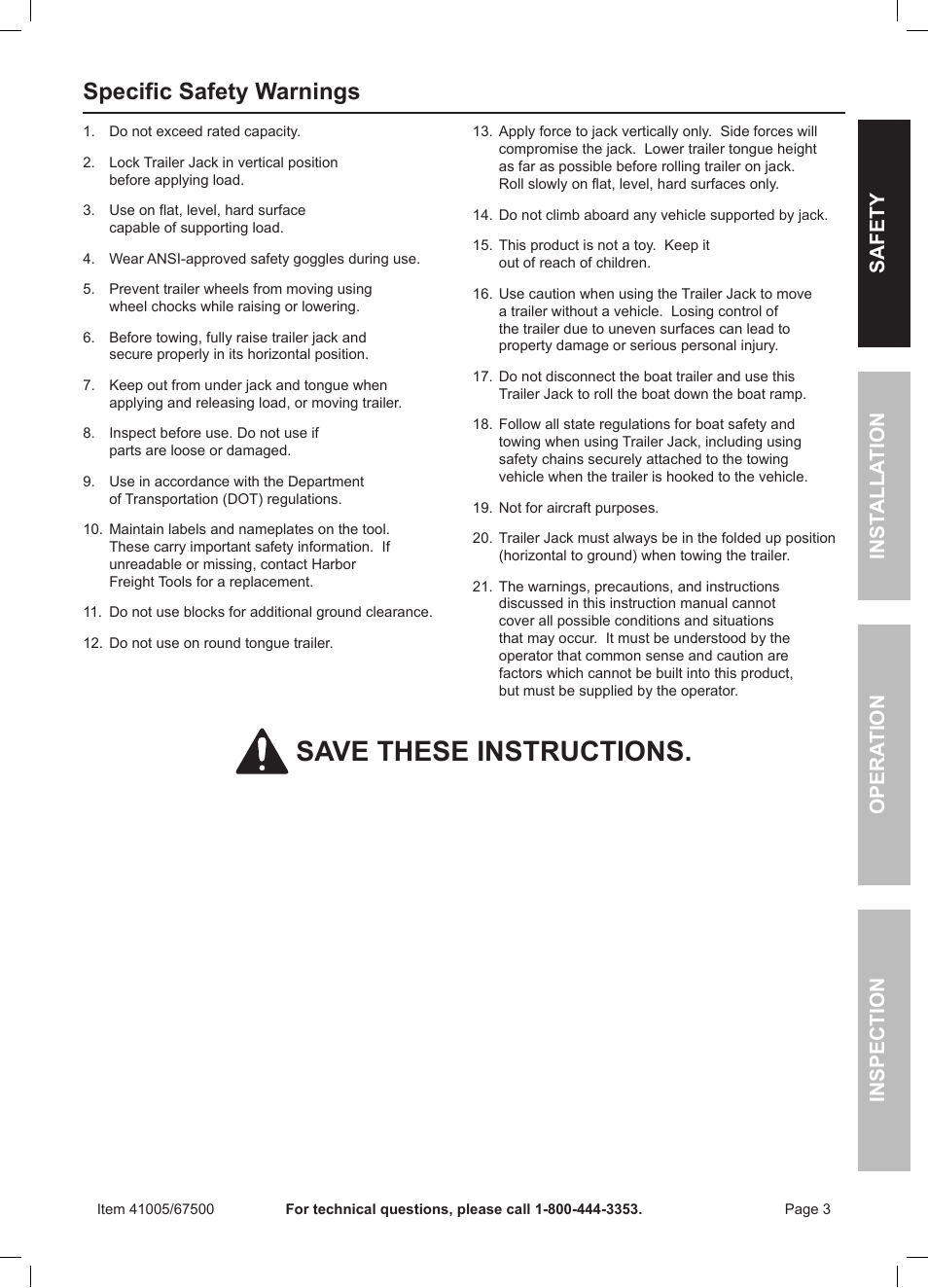 Save these instructions, Specific safety warnings, Safety opera tion inspection inst alla tion | Harbor Freight Tools 41005 User Manual | Page 3 / 8