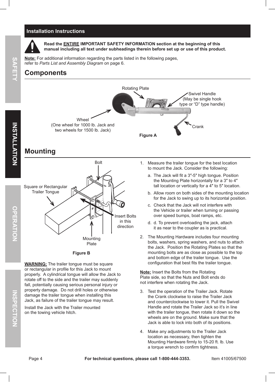 Components, Mounting, Safety opera tion inspection inst alla tion | Harbor Freight Tools 41005 User Manual | Page 4 / 8