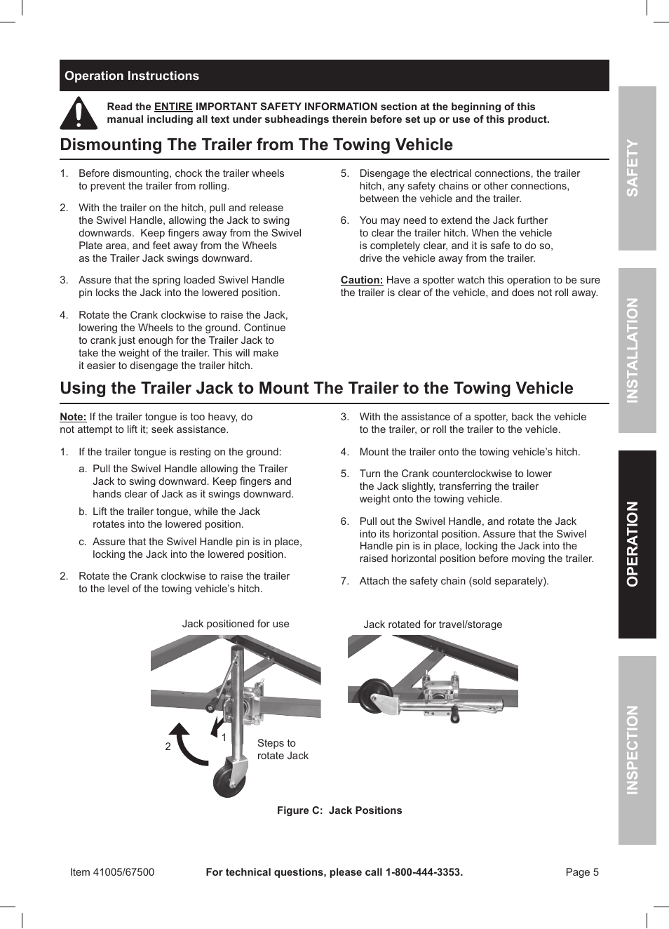 Dismounting the trailer from the towing vehicle, Safety opera tion inspection inst alla tion | Harbor Freight Tools 41005 User Manual | Page 5 / 8