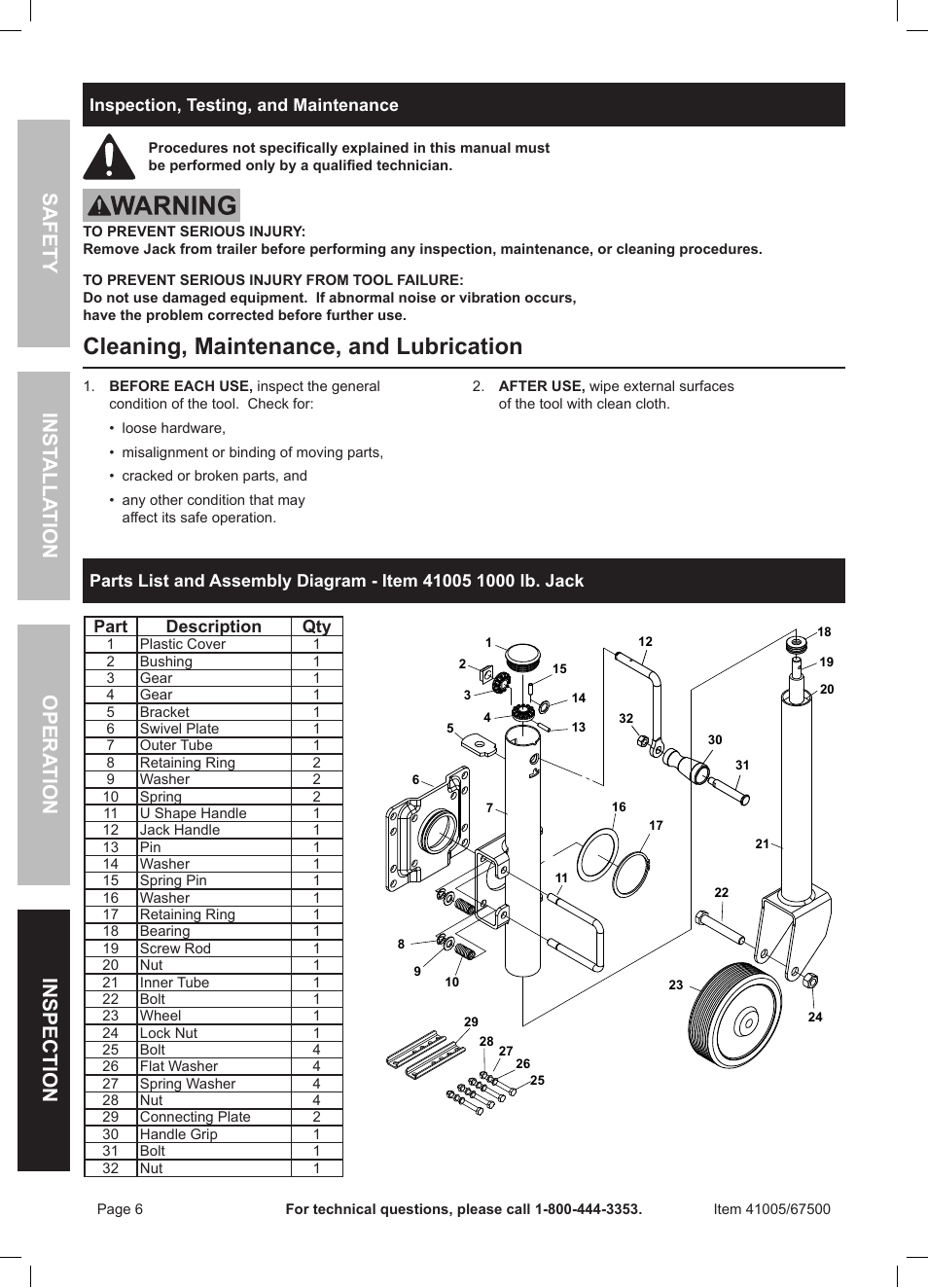 Cleaning, maintenance, and lubrication, Safety opera tion inspection inst alla tion | Harbor Freight Tools 41005 User Manual | Page 6 / 8