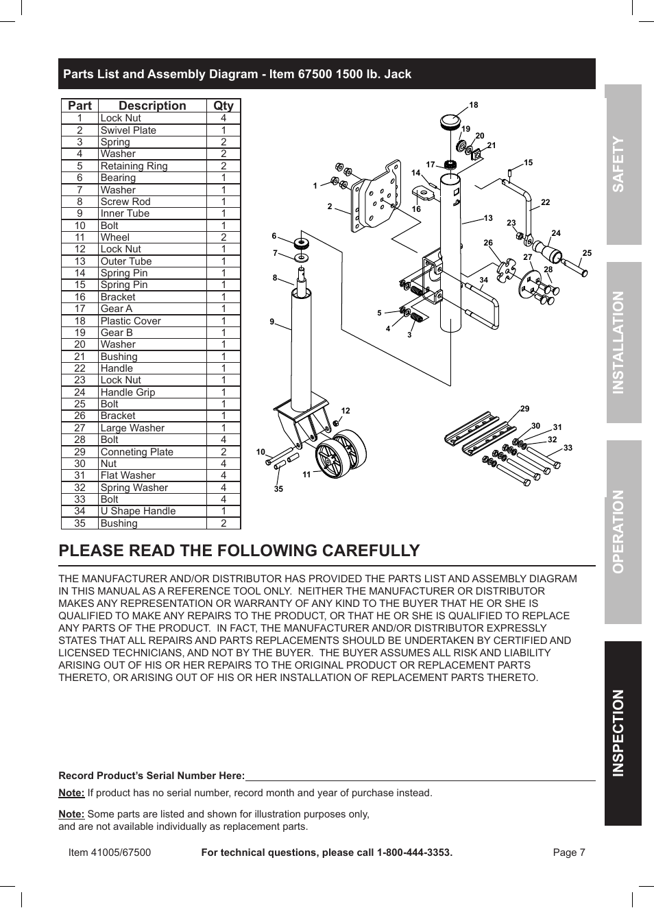 Please read the following carefully, Safety opera tion inspection inst alla tion | Harbor Freight Tools 41005 User Manual | Page 7 / 8