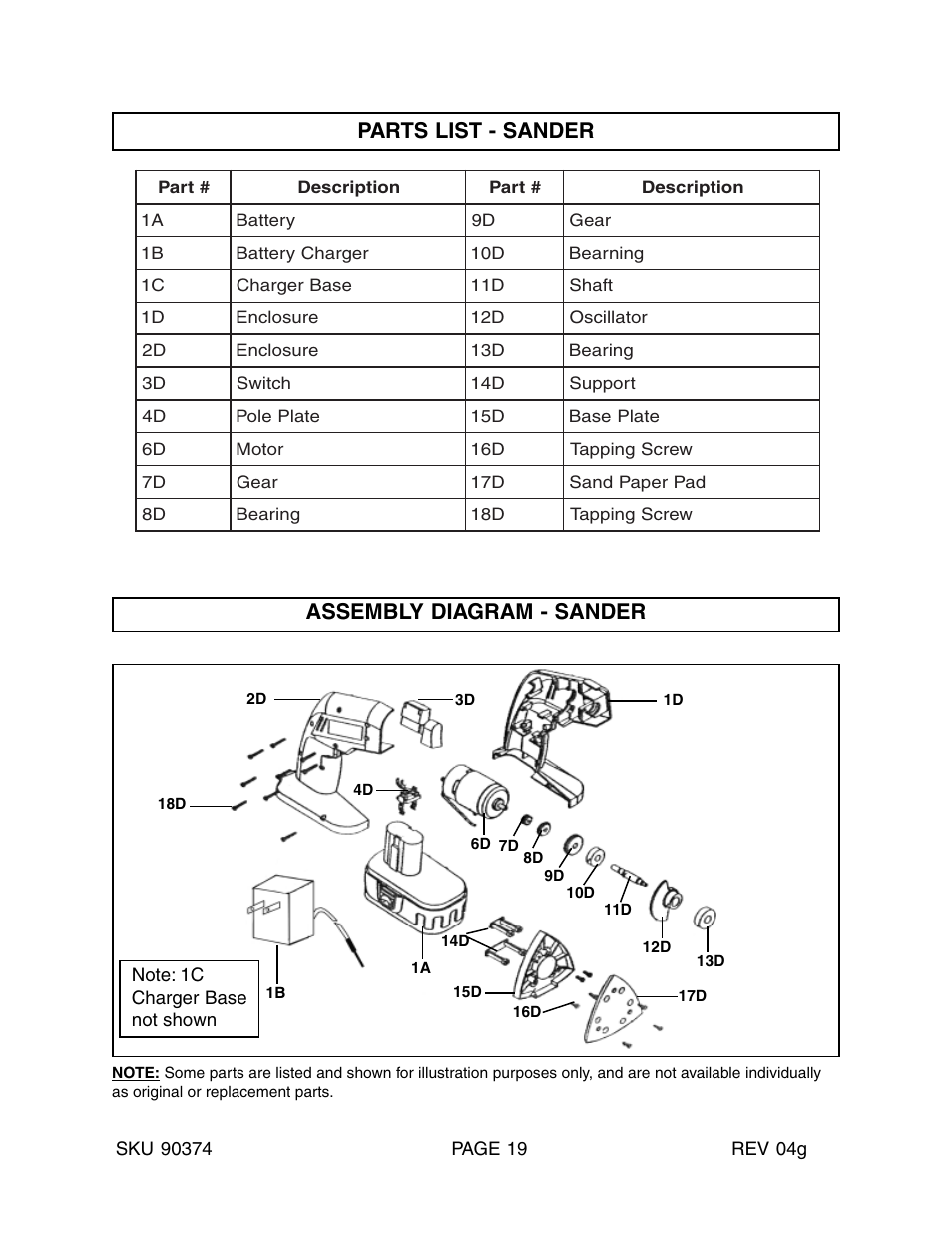 Parts list - sander, Assembly diagram - sander | Harbor Freight Tools 90374 User Manual | Page 19 / 22