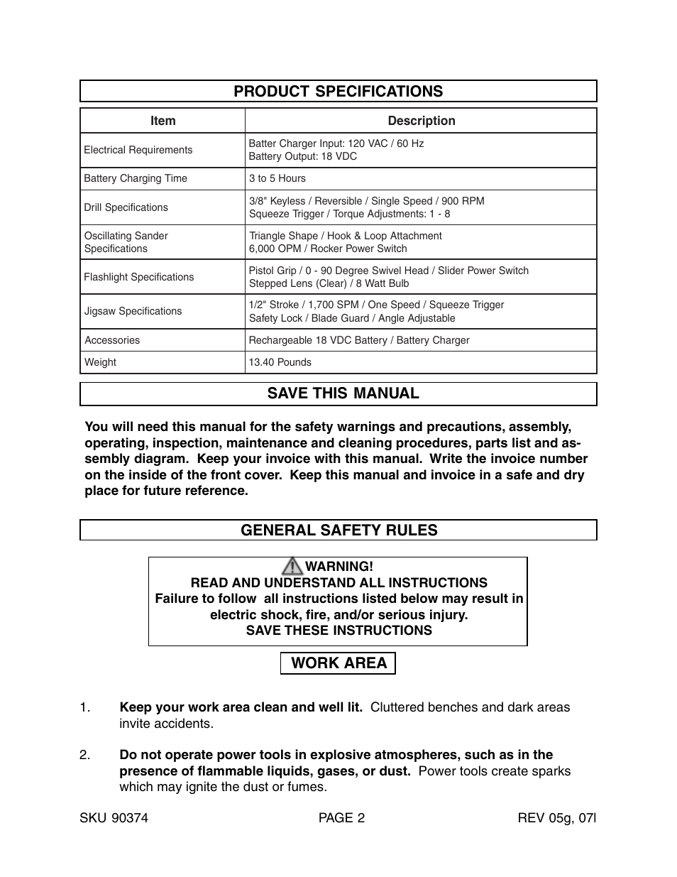 Product specifications save this manual, General safety rules, Work area | Harbor Freight Tools 90374 User Manual | Page 2 / 22