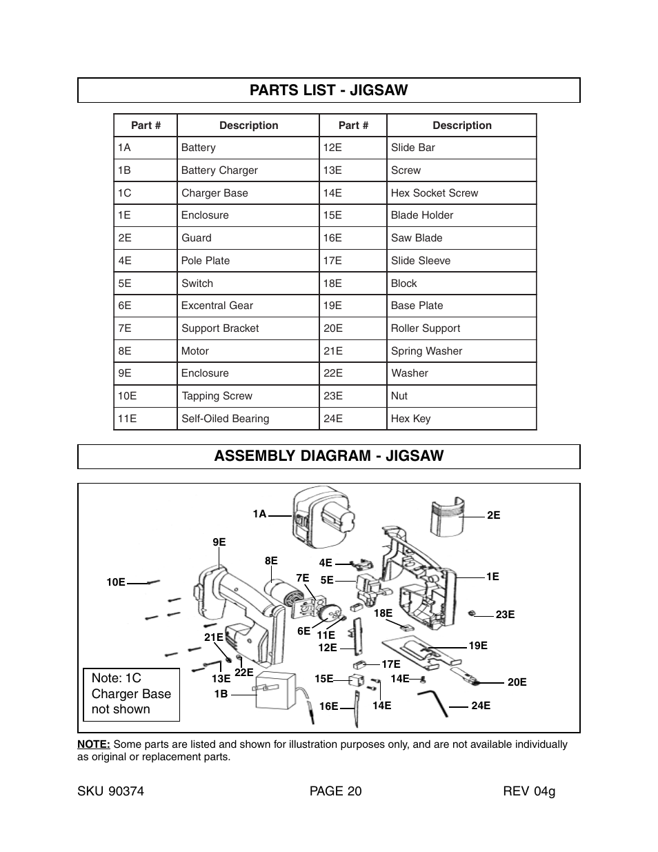 Parts list - jigsaw assembly diagram - jigsaw | Harbor Freight Tools 90374 User Manual | Page 20 / 22