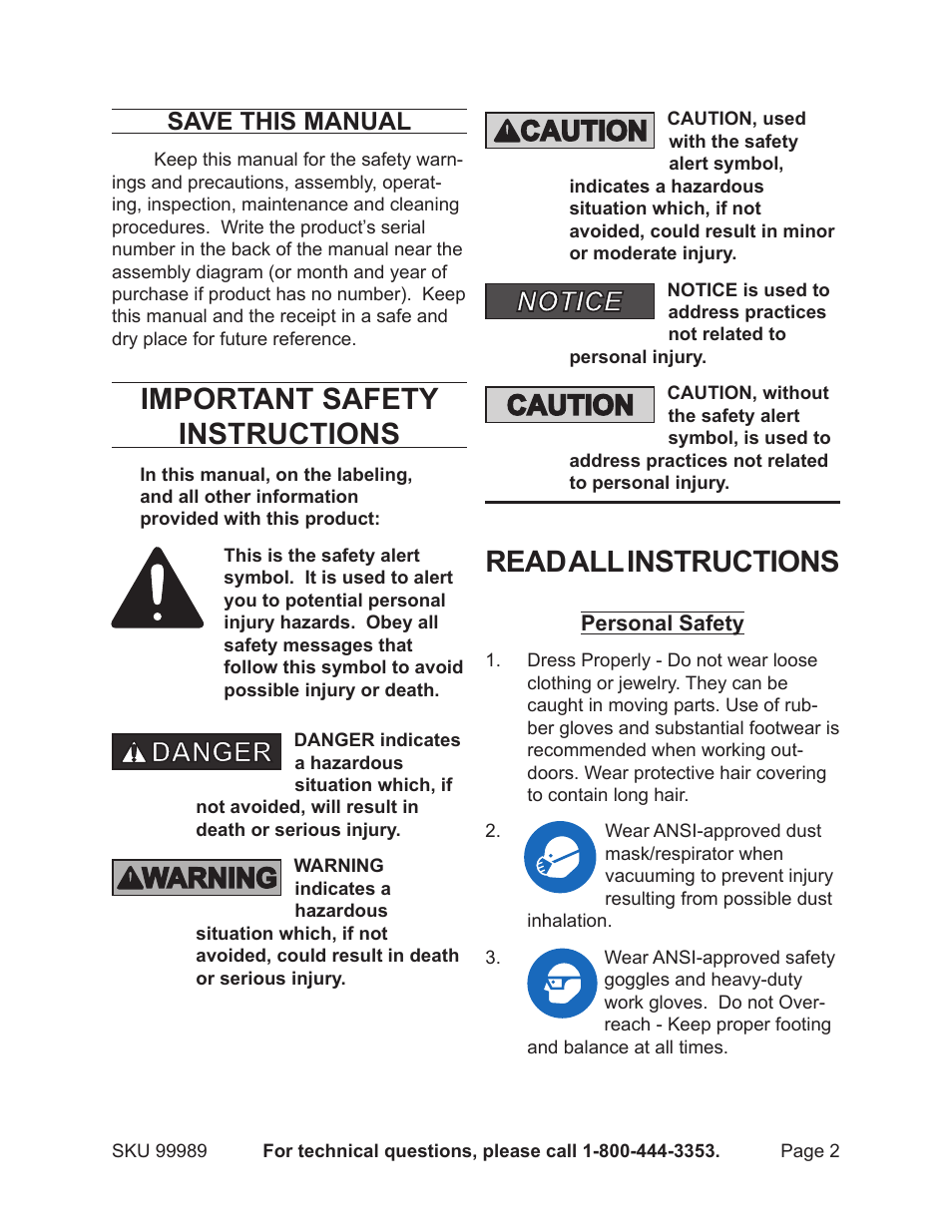 Important safety instructions, Read all instructions, Save this manual | Harbor Freight Tools 99989 User Manual | Page 2 / 7