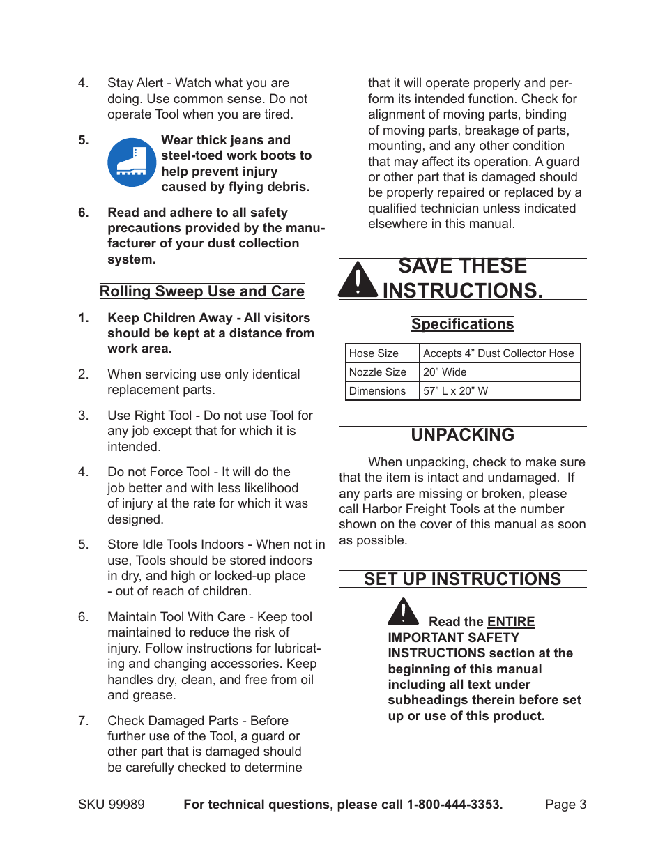 Save these instructions, Unpacking, Set up instructions | Harbor Freight Tools 99989 User Manual | Page 3 / 7