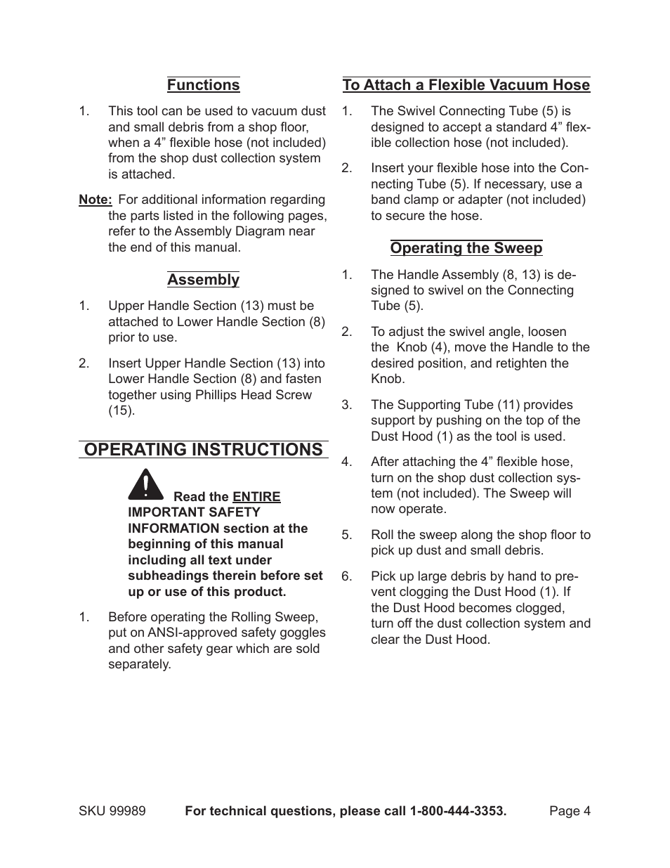 Operating instructions | Harbor Freight Tools 99989 User Manual | Page 4 / 7