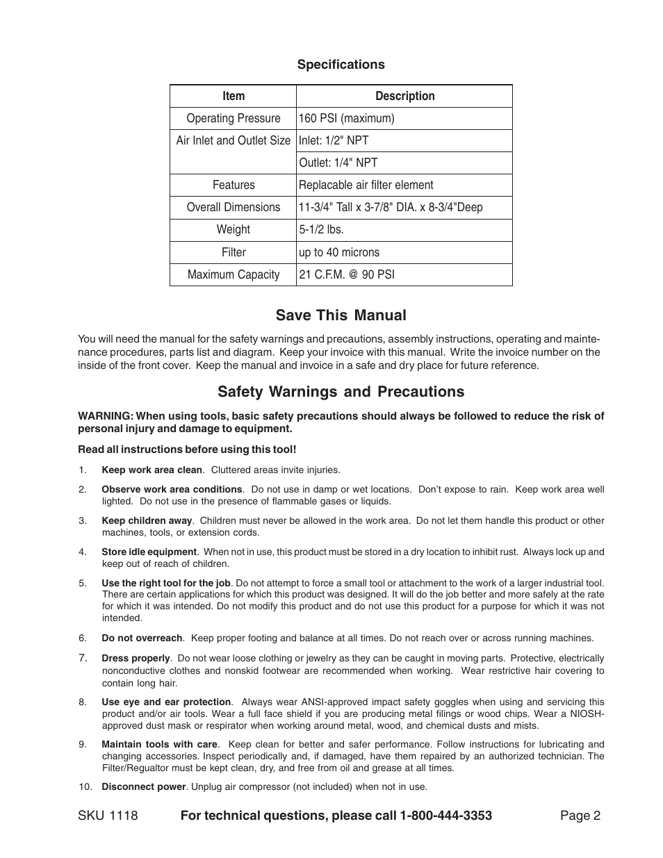 Save this manual, Safety warnings and precautions | Harbor Freight Tools 1118 User Manual | Page 2 / 8