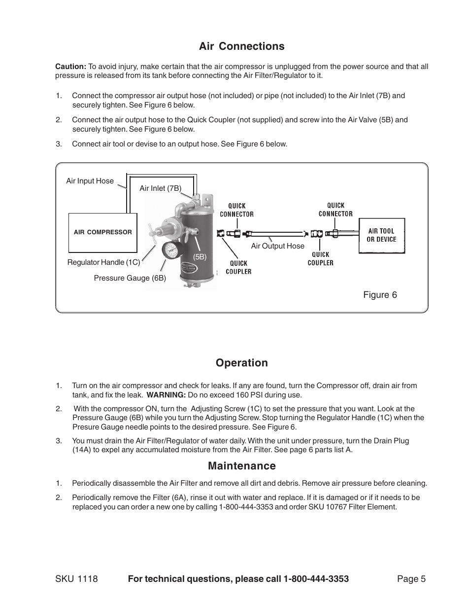 Maintenance, Air connections, Operation | Harbor Freight Tools 1118 User Manual | Page 5 / 8