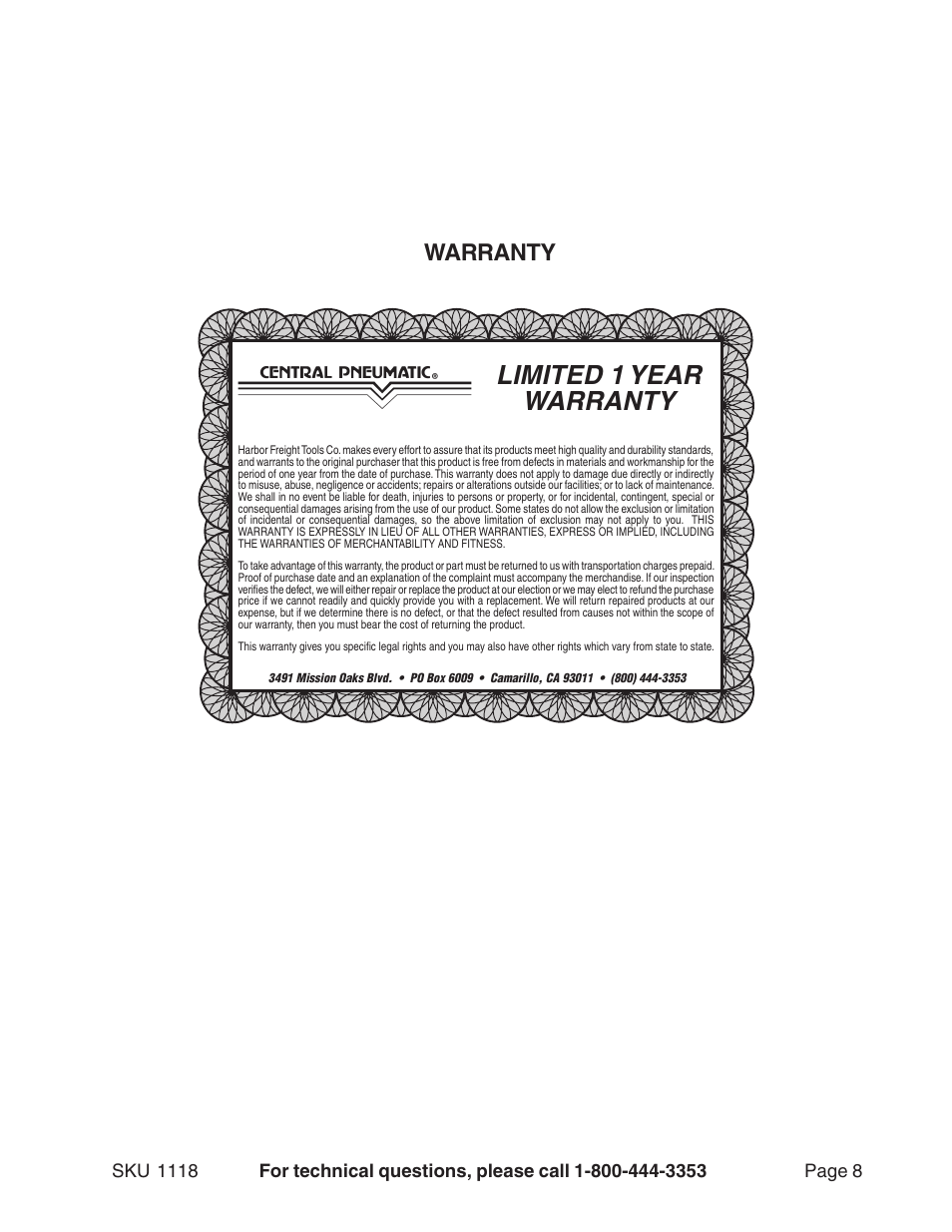 Limited 1 year warranty, Warranty | Harbor Freight Tools 1118 User Manual | Page 8 / 8