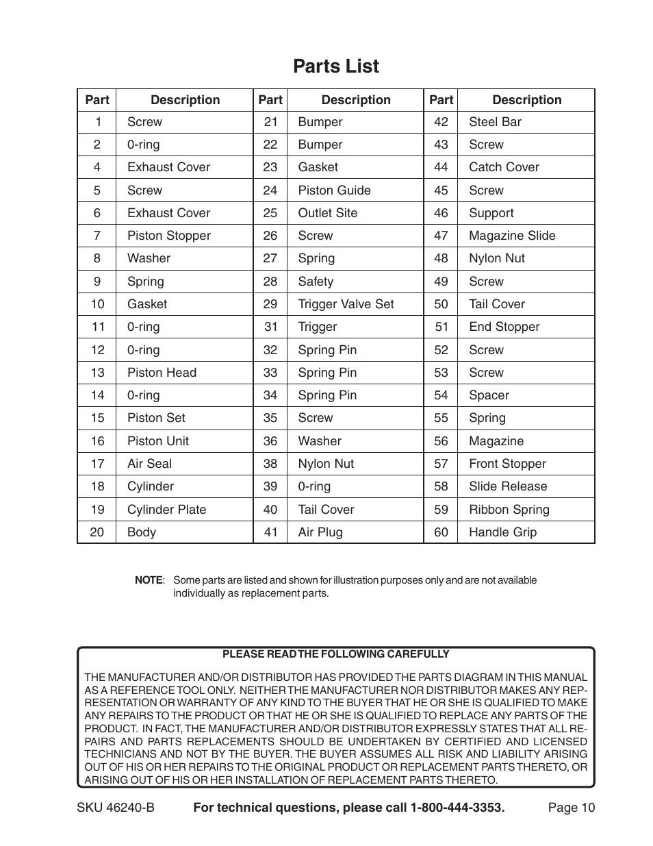 Parts list | Harbor Freight Tools 46240-B User Manual | Page 10 / 11