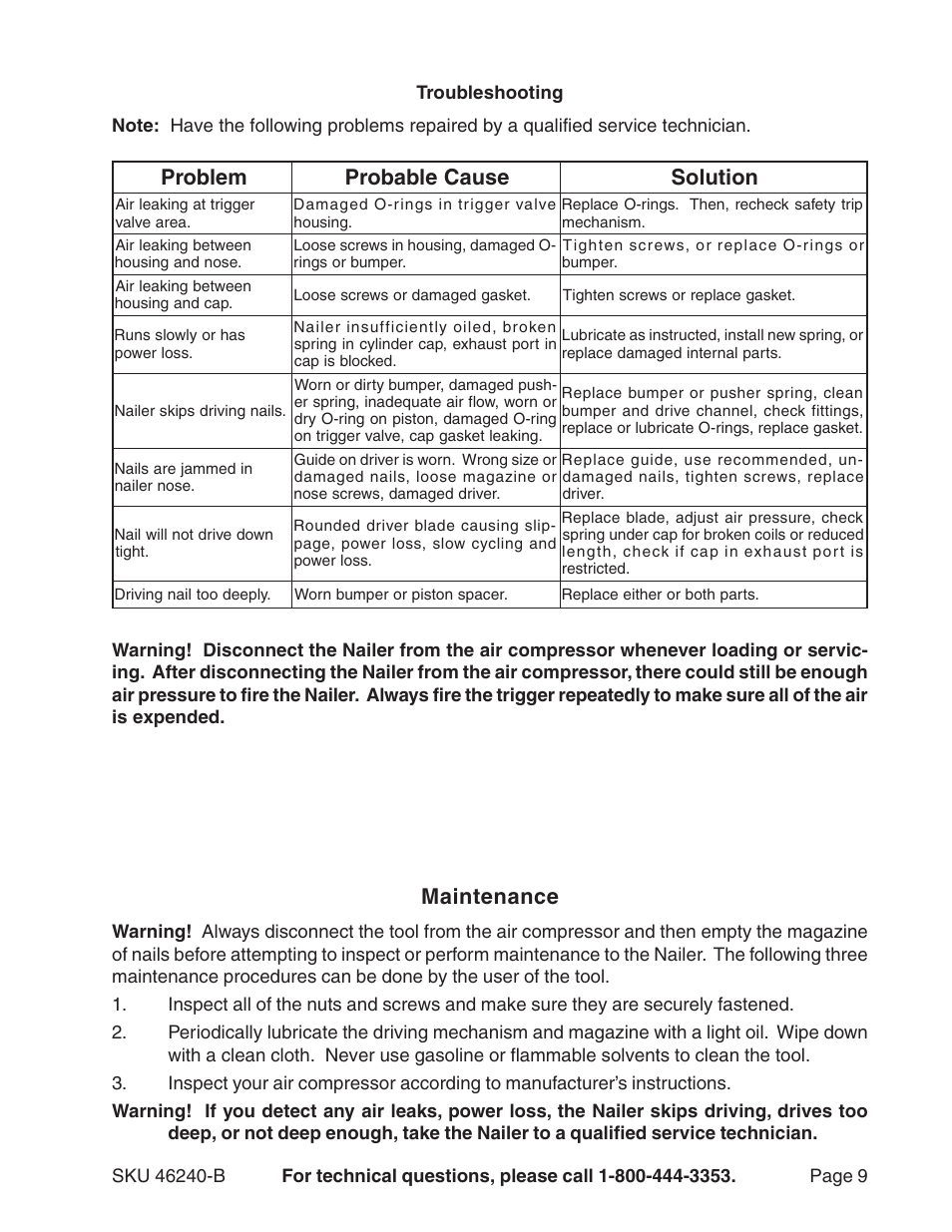 Maintenance | Harbor Freight Tools 46240-B User Manual | Page 9 / 11