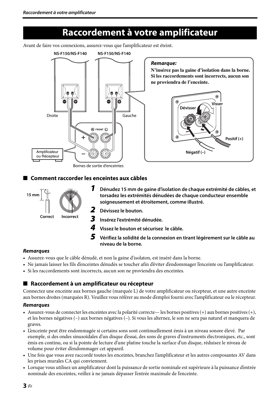 Raccordement à votre amplificateur | Yamaha NS-F150 User Manual | Page 10 / 28