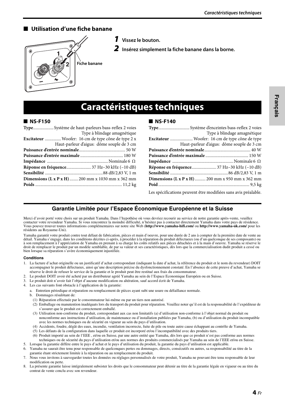 Caractéristiques techniques, Utilisation d’une fiche banane | Yamaha NS-F150 User Manual | Page 11 / 28