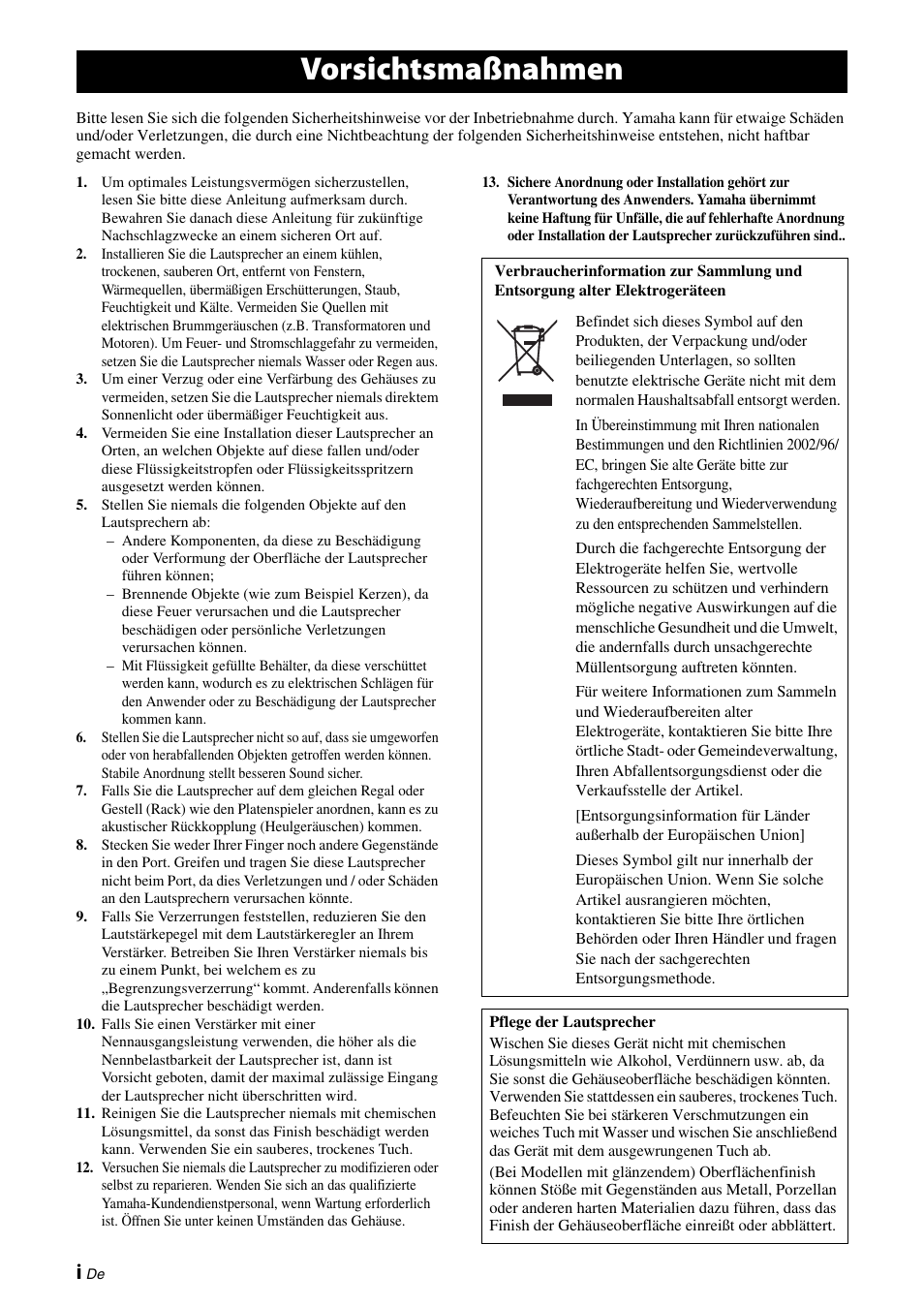 Deutsch, Vorsichtsmaßnahmen | Yamaha NS-F150 User Manual | Page 12 / 28