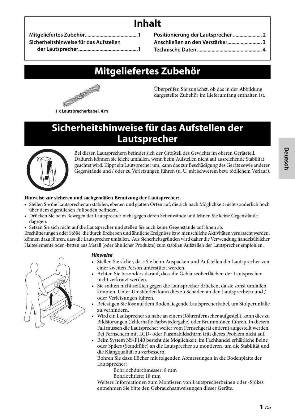 Inhalt, Mitgeliefertes zubehör | Yamaha NS-F150 User Manual | Page 13 / 28