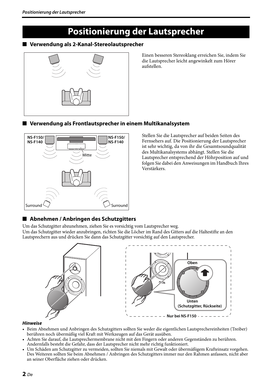 Positionierung der lautsprecher | Yamaha NS-F150 User Manual | Page 14 / 28