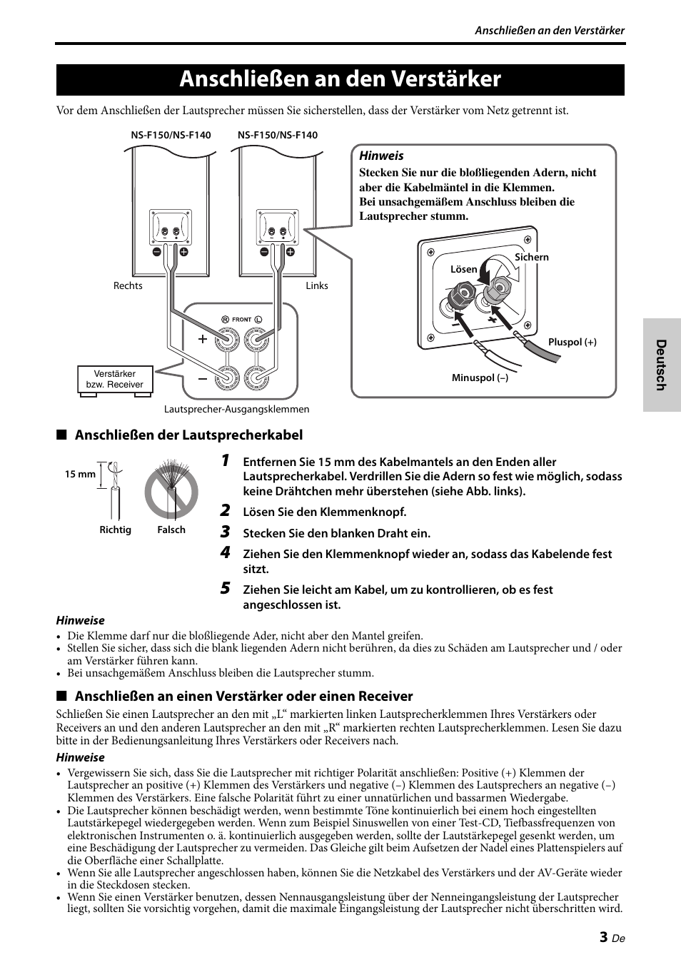 Anschließen an den verstärker | Yamaha NS-F150 User Manual | Page 15 / 28