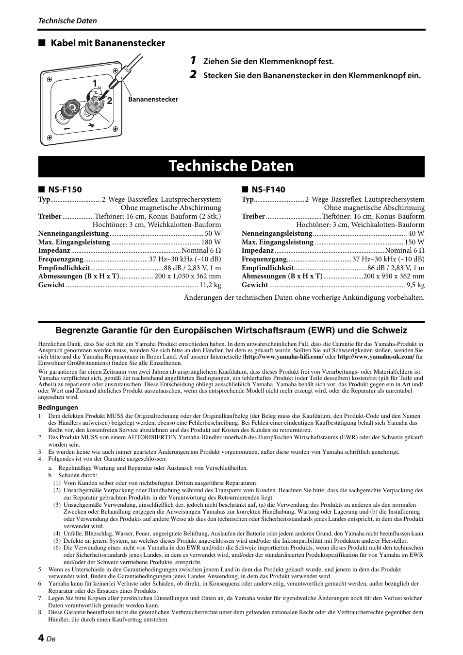 Technische daten, Kabel mit bananenstecker | Yamaha NS-F150 User Manual | Page 16 / 28