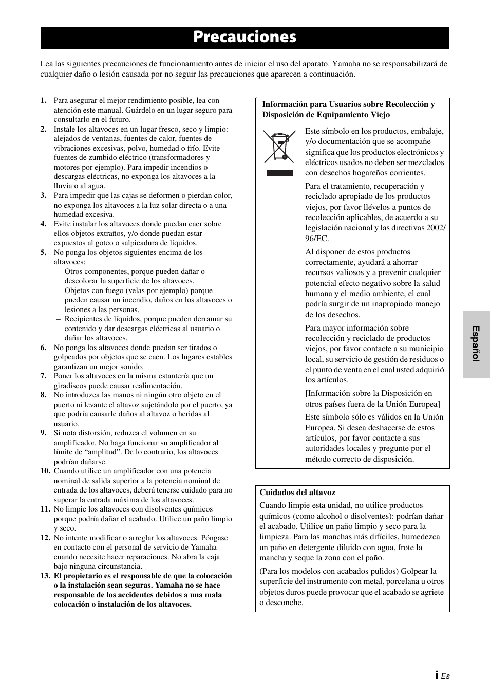 Español, Precauciones | Yamaha NS-F150 User Manual | Page 17 / 28