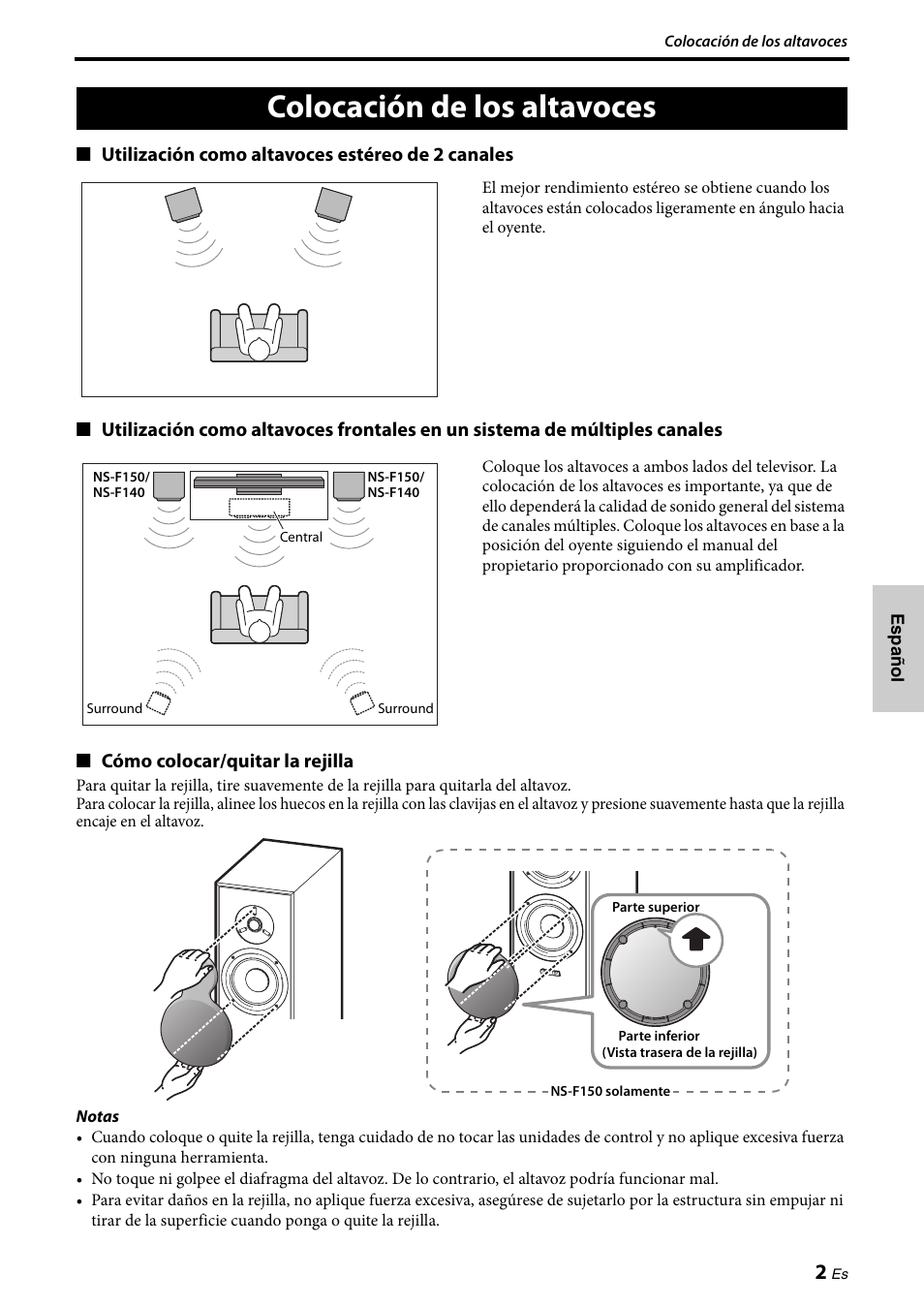 Colocación de los altavoces | Yamaha NS-F150 User Manual | Page 19 / 28