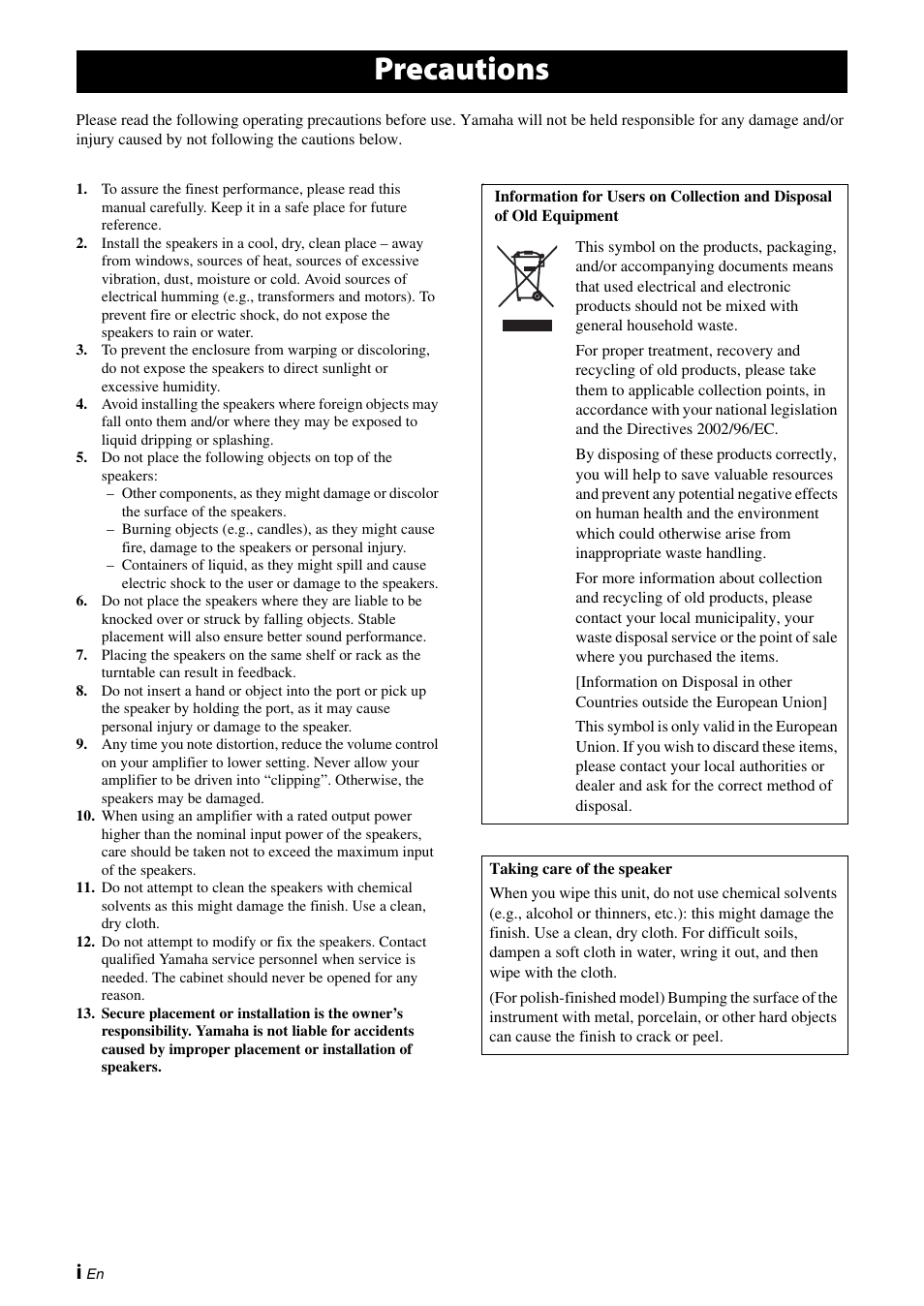English, Precautions | Yamaha NS-F150 User Manual | Page 2 / 28