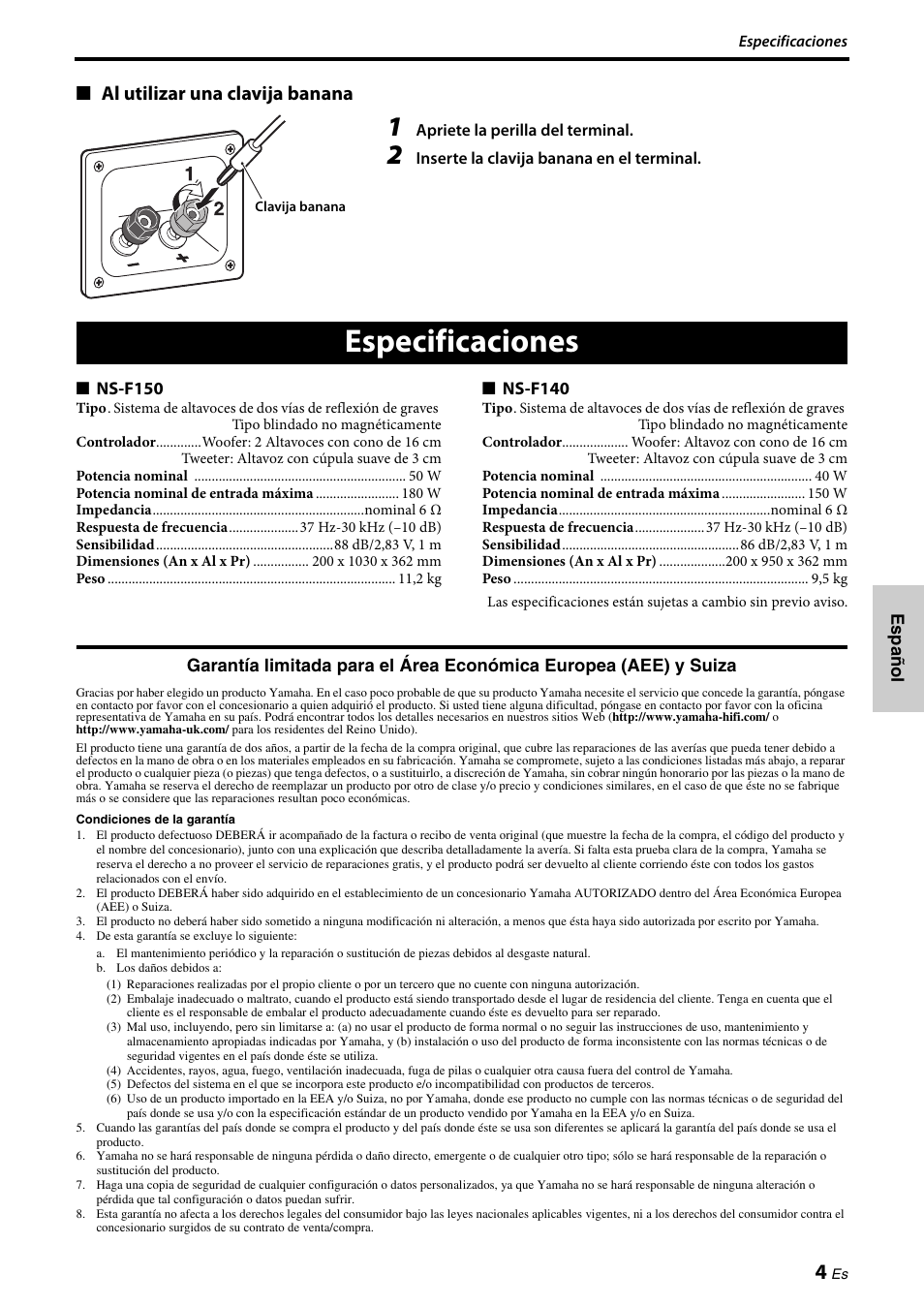 Especificaciones, Al utilizar una clavija banana | Yamaha NS-F150 User Manual | Page 21 / 28