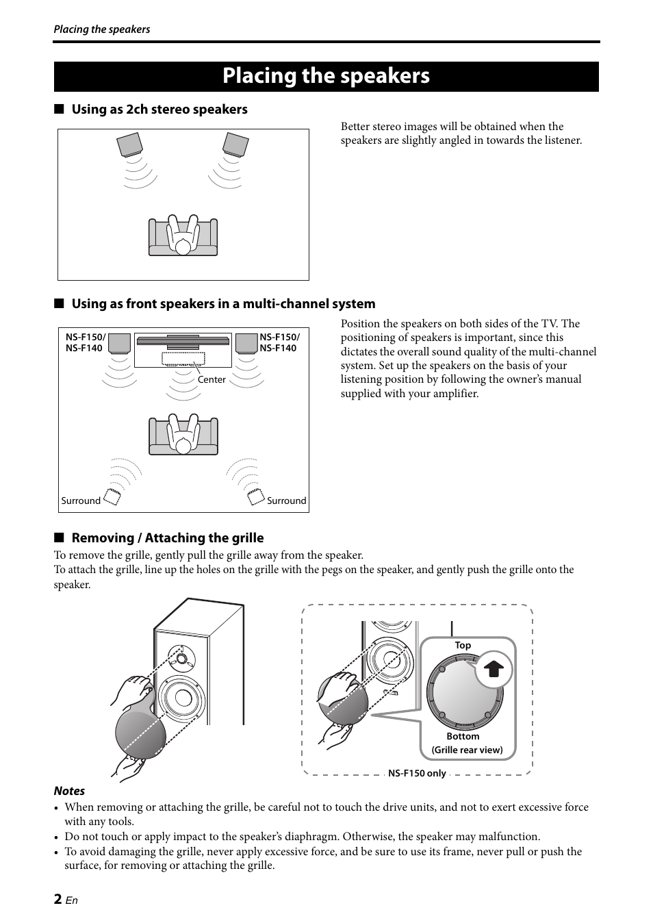 Placing the speakers | Yamaha NS-F150 User Manual | Page 4 / 28