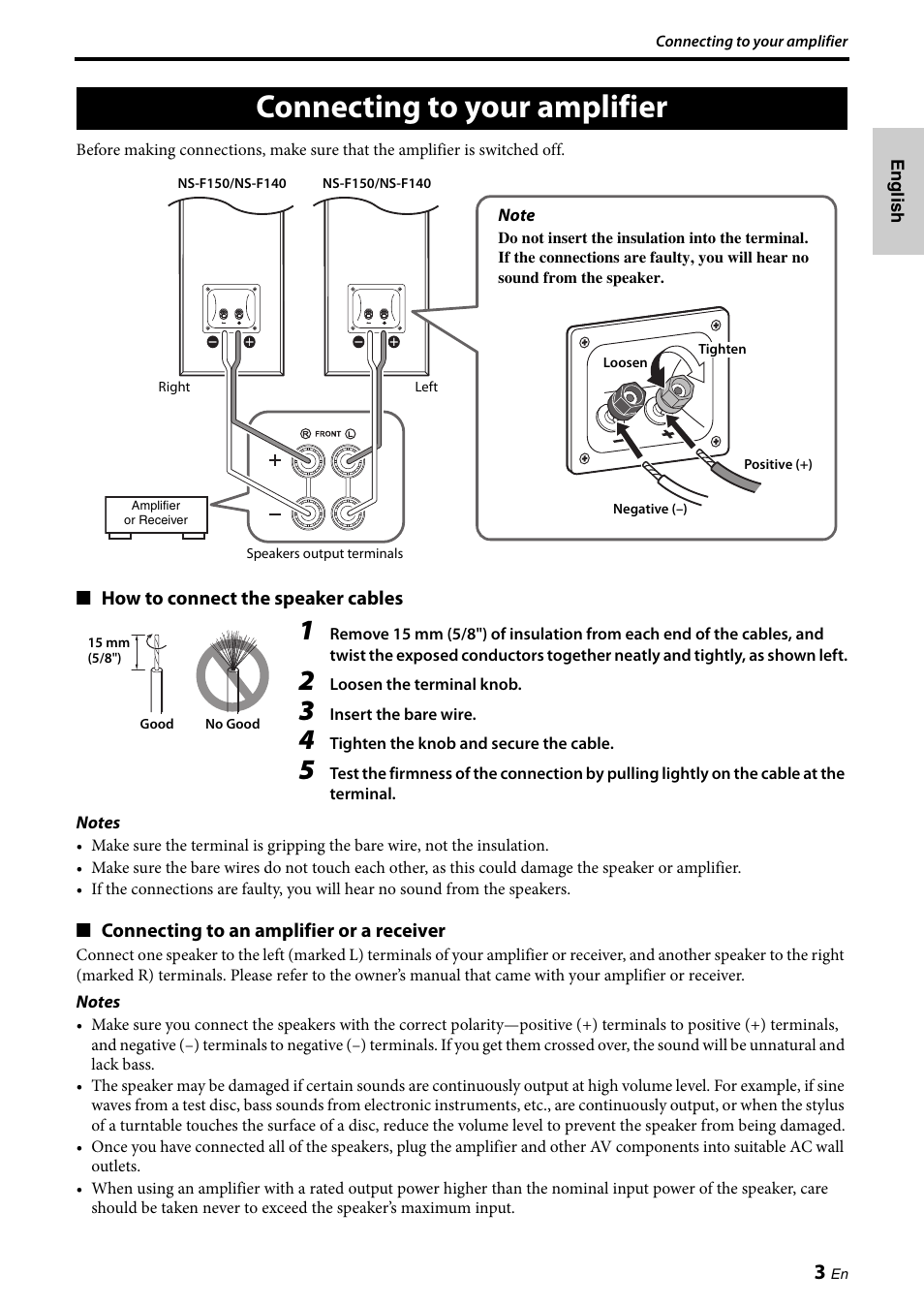 Connecting to your amplifier | Yamaha NS-F150 User Manual | Page 5 / 28