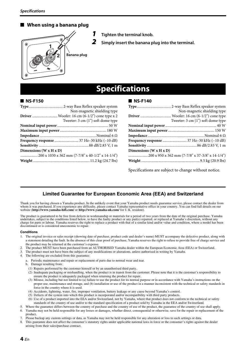 Specifications, When using a banana plug | Yamaha NS-F150 User Manual | Page 6 / 28