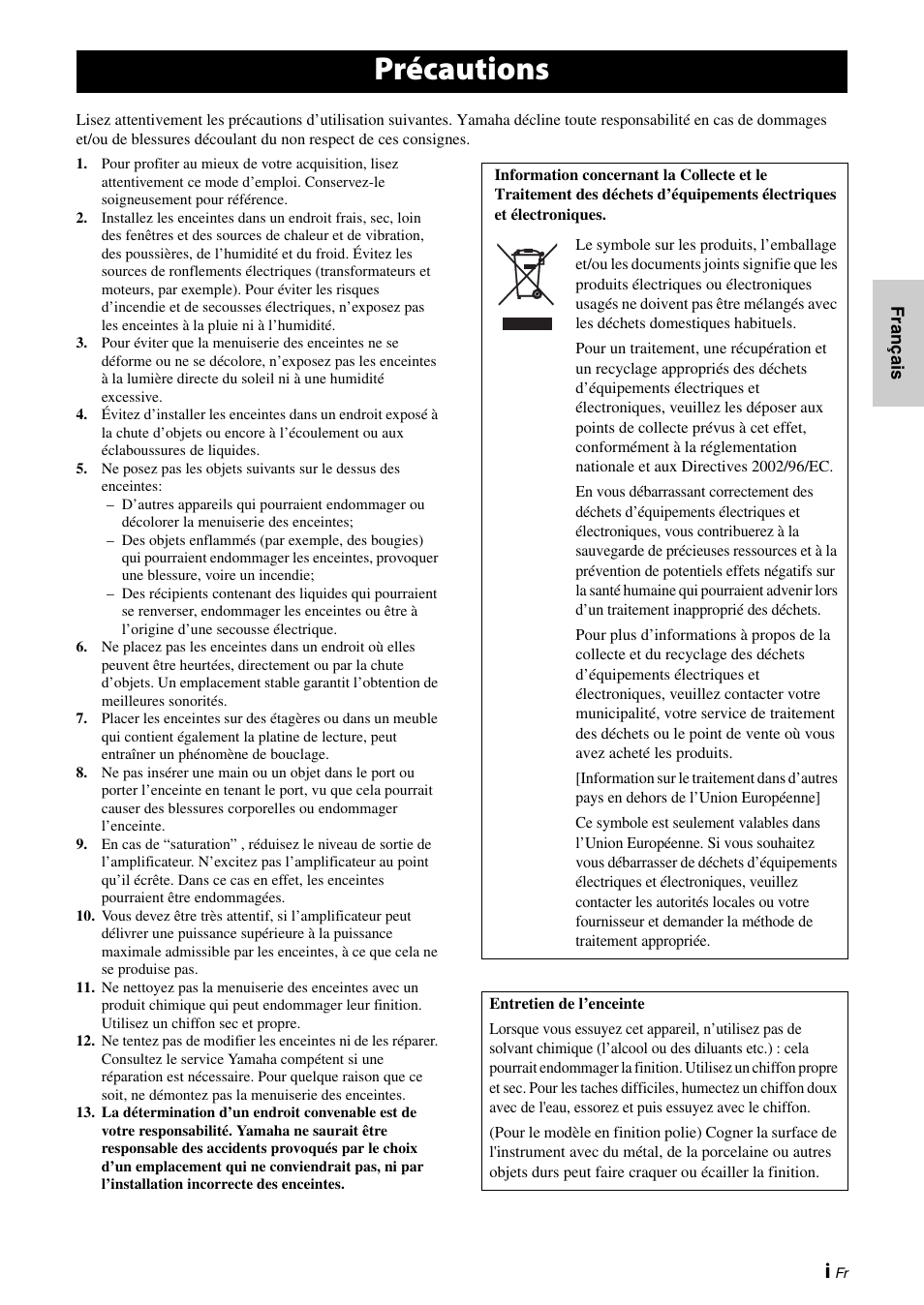 Français, Précautions | Yamaha NS-F150 User Manual | Page 7 / 28