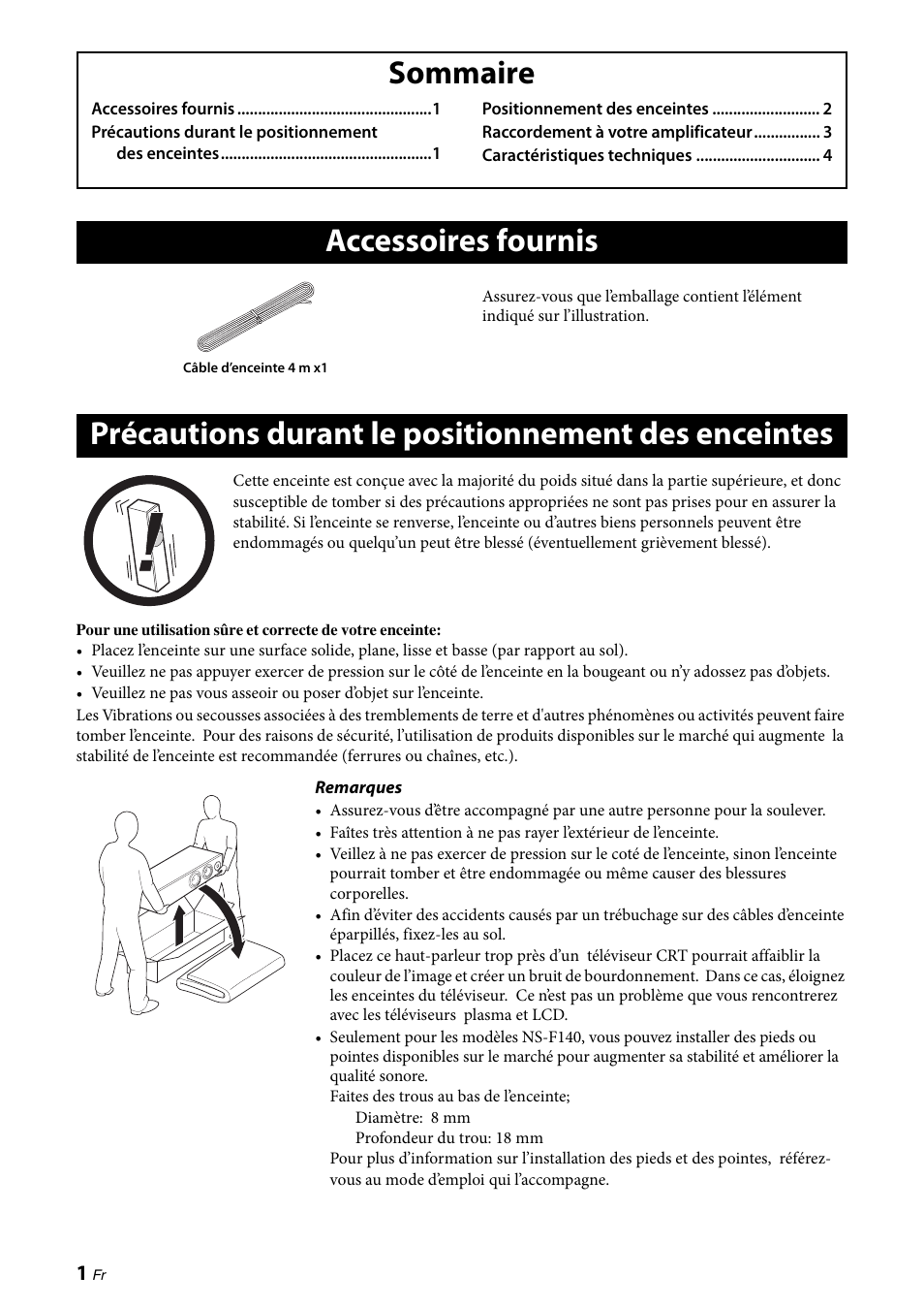 Sommaire, Accessoires fournis, Précautions durant le positionnement des enceintes | Yamaha NS-F150 User Manual | Page 8 / 28