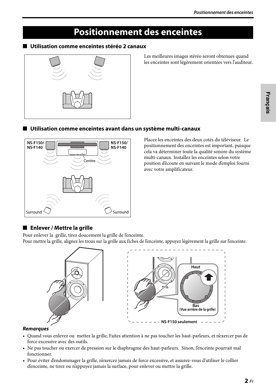 Positionnement des enceintes | Yamaha NS-F150 User Manual | Page 9 / 28