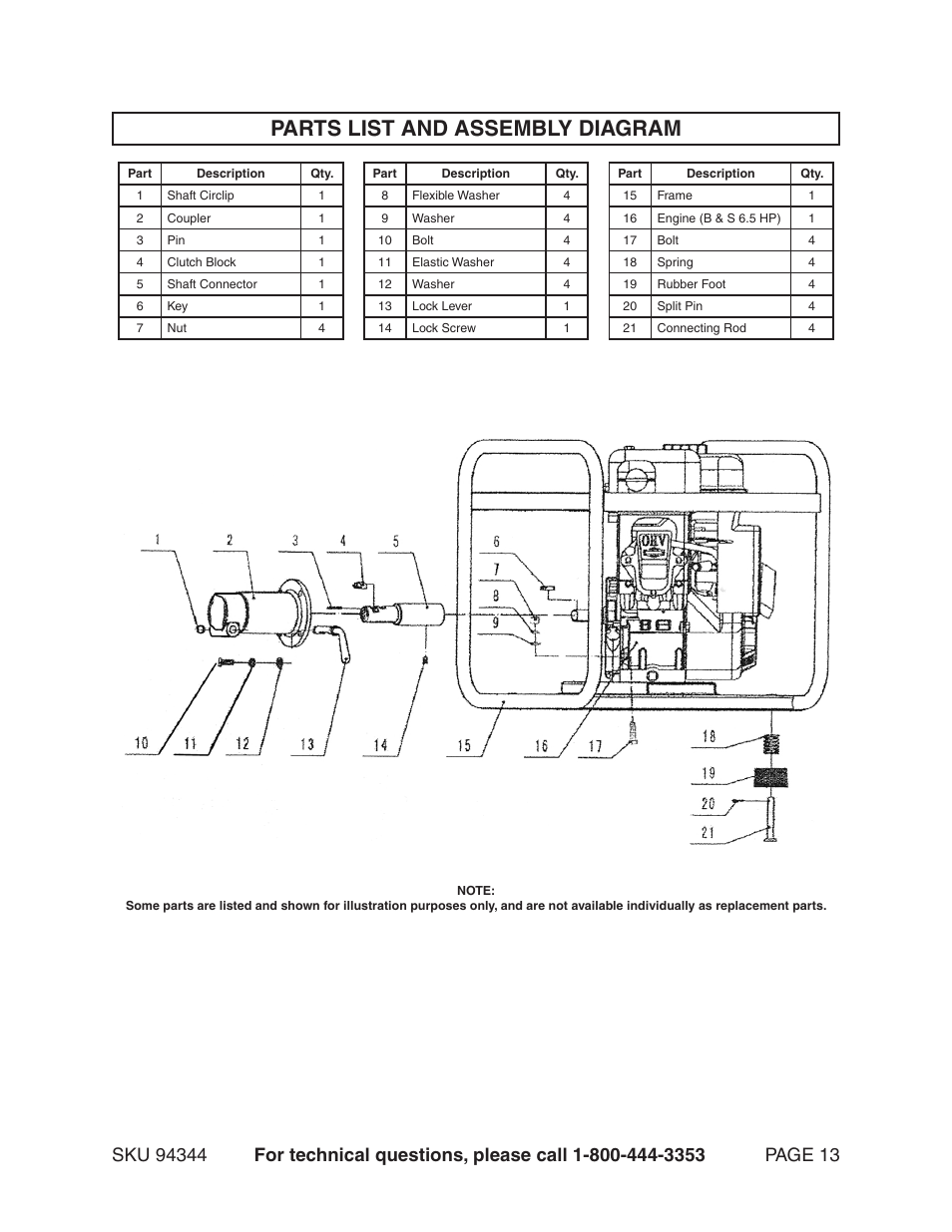 Parts list and assembly diagram | Harbor Freight Tools 94344 User Manual | Page 13 / 14