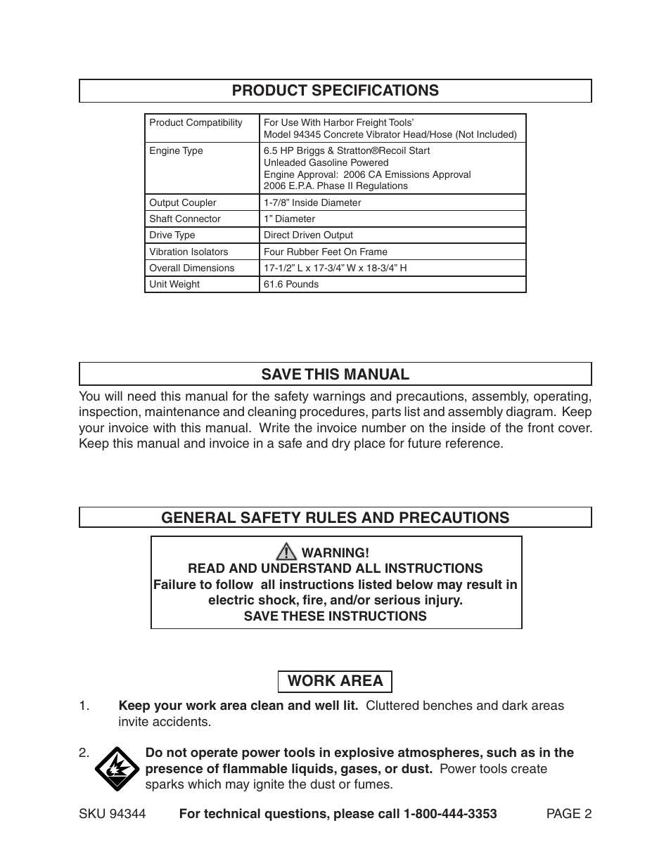 Product specifications save this manual, General safety rules and precautions, Work area | Harbor Freight Tools 94344 User Manual | Page 2 / 14