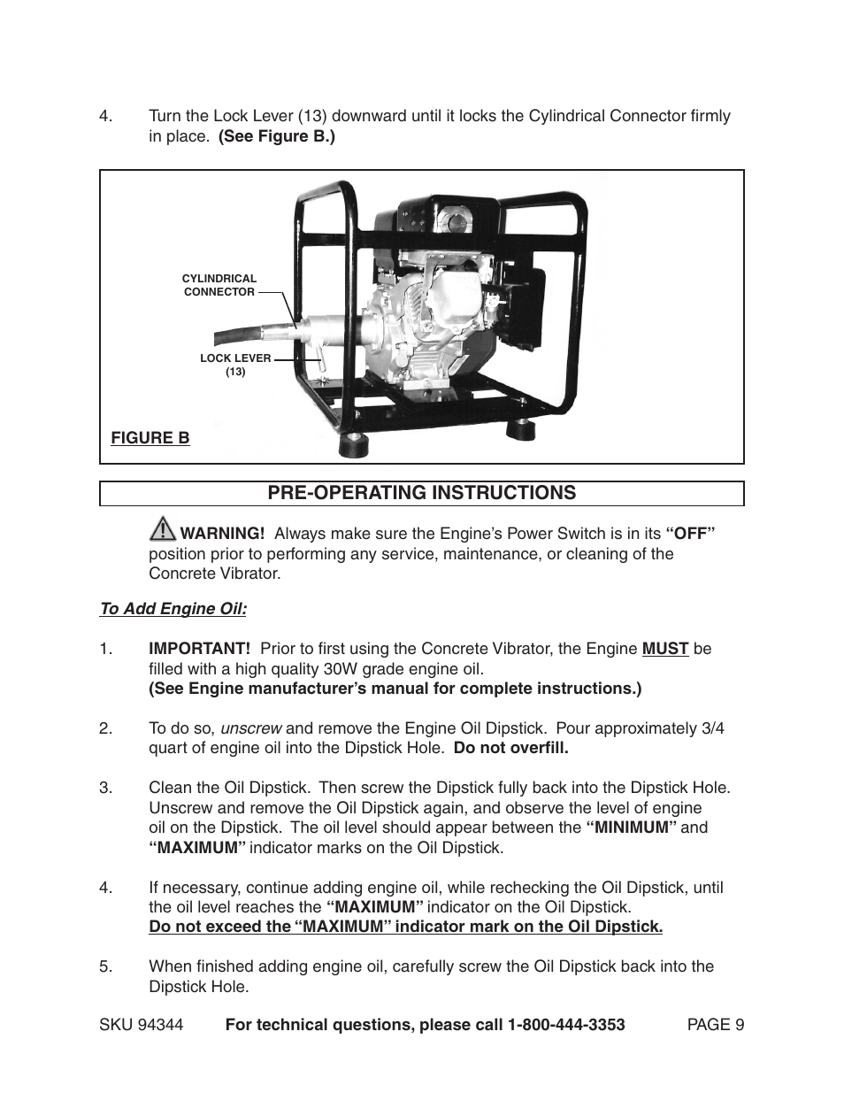 Pre-operating instructions | Harbor Freight Tools 94344 User Manual | Page 9 / 14