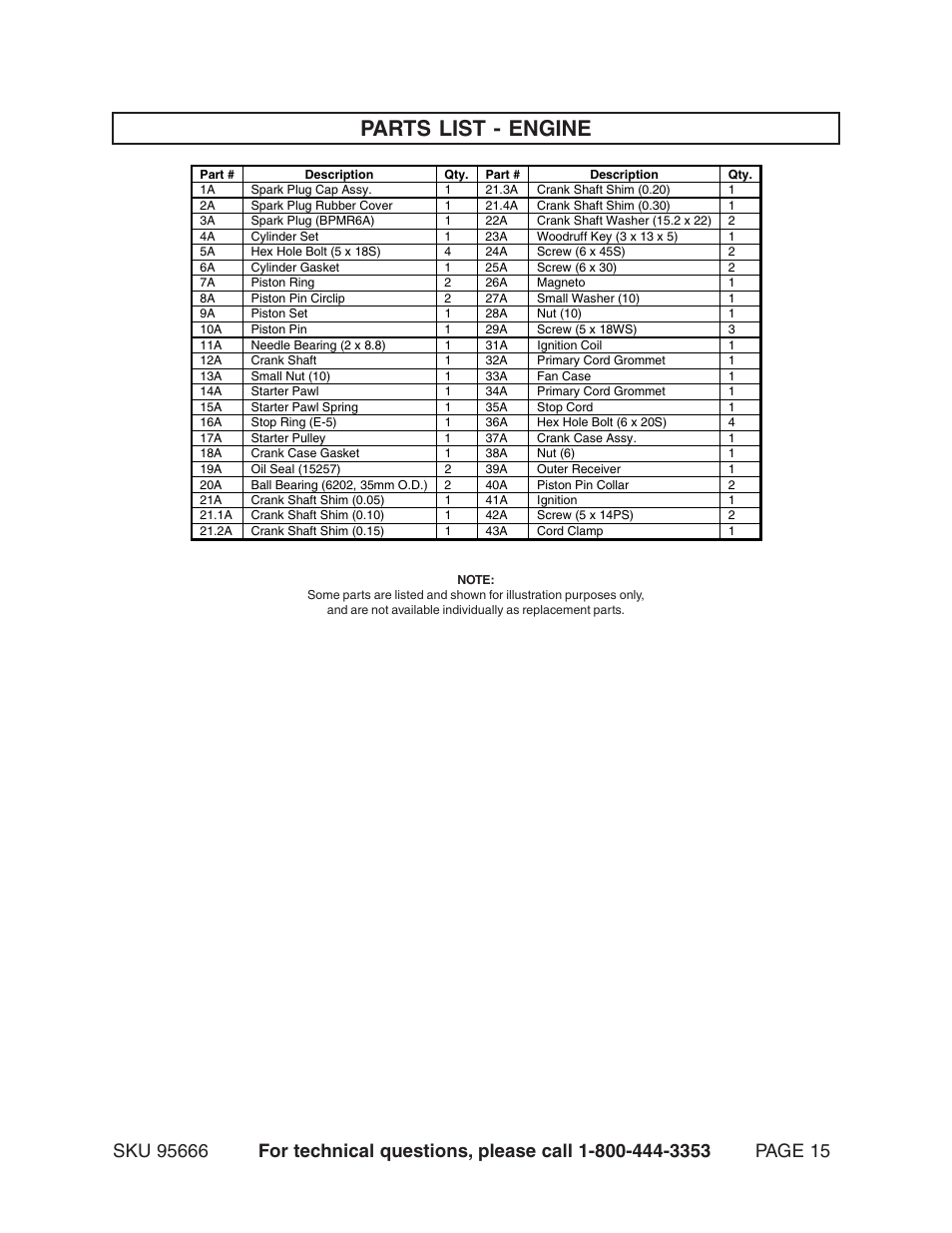 Parts list - engine | Harbor Freight Tools 95666 User Manual | Page 15 / 22