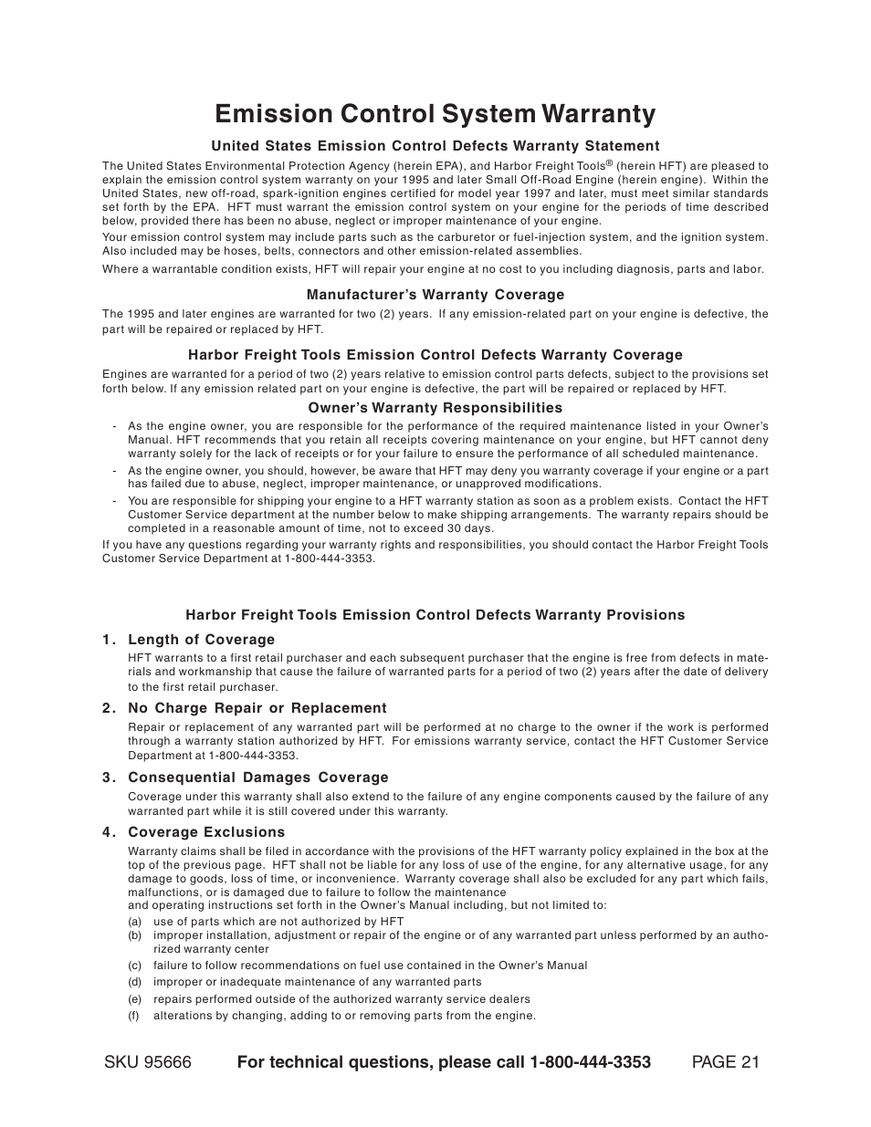 Emission control system warranty | Harbor Freight Tools 95666 User Manual | Page 21 / 22