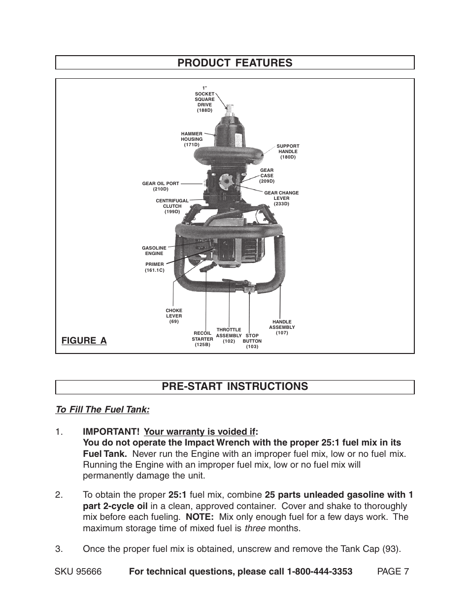 Product features, Pre-start instructions, Three | Figure a | Harbor Freight Tools 95666 User Manual | Page 7 / 22