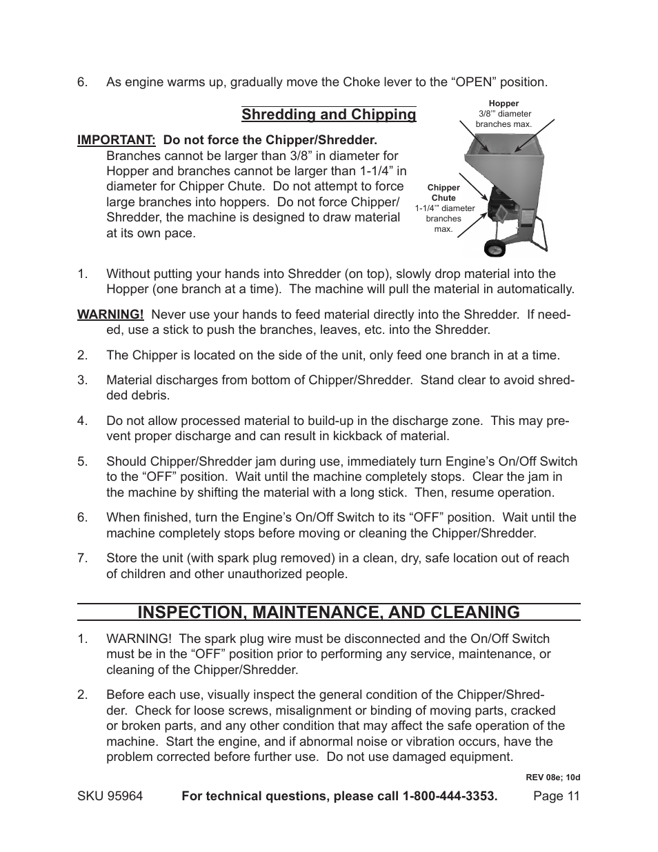Inspection, maintenance, and cleaning, Shredding and chipping | Harbor Freight Tools 95964 User Manual | Page 11 / 21