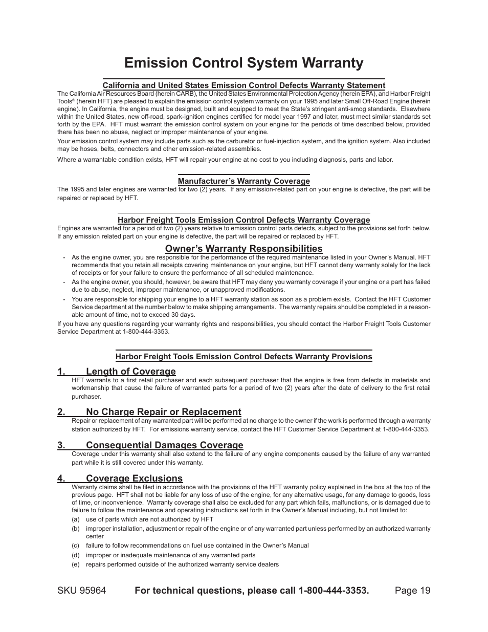 Emission control system warranty, Owner’s warranty responsibilities, Length of coverage | No charge repair or replacement, Consequential damages coverage, Coverage exclusions | Harbor Freight Tools 95964 User Manual | Page 19 / 21