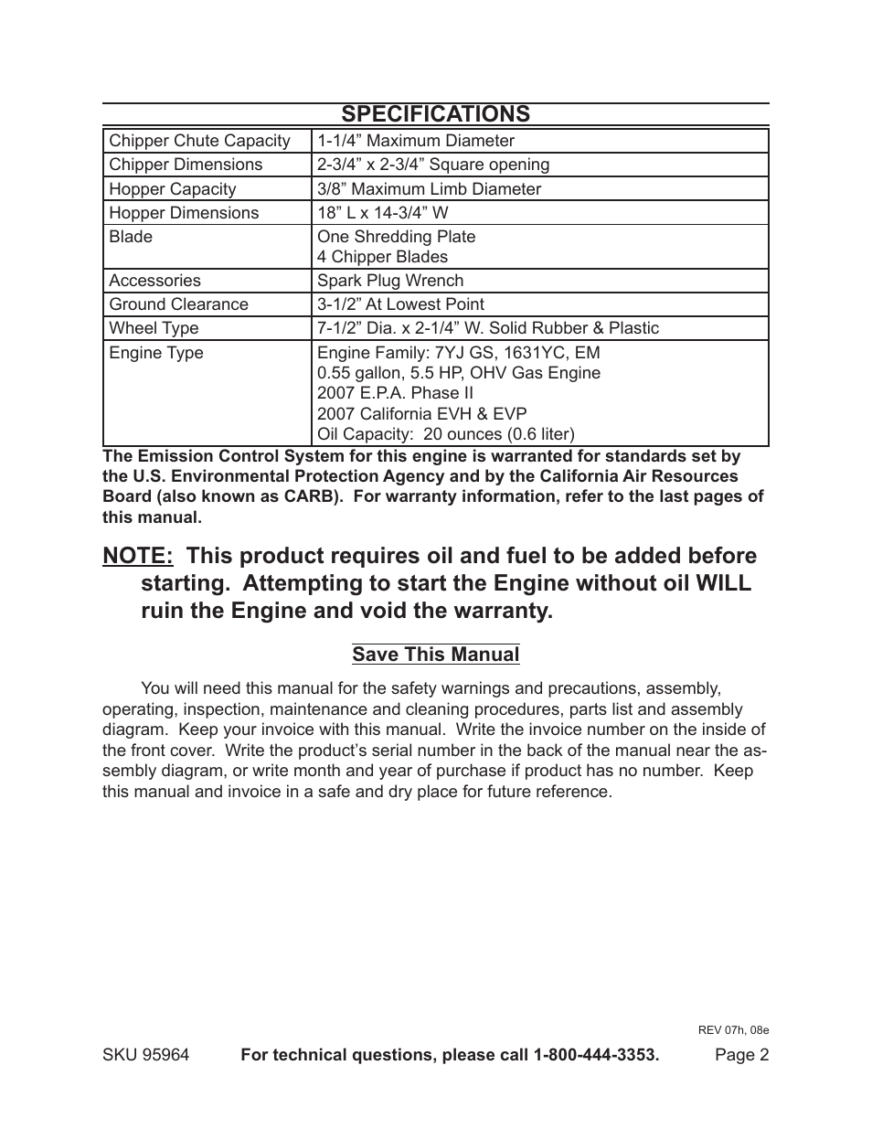 Specifications | Harbor Freight Tools 95964 User Manual | Page 2 / 21