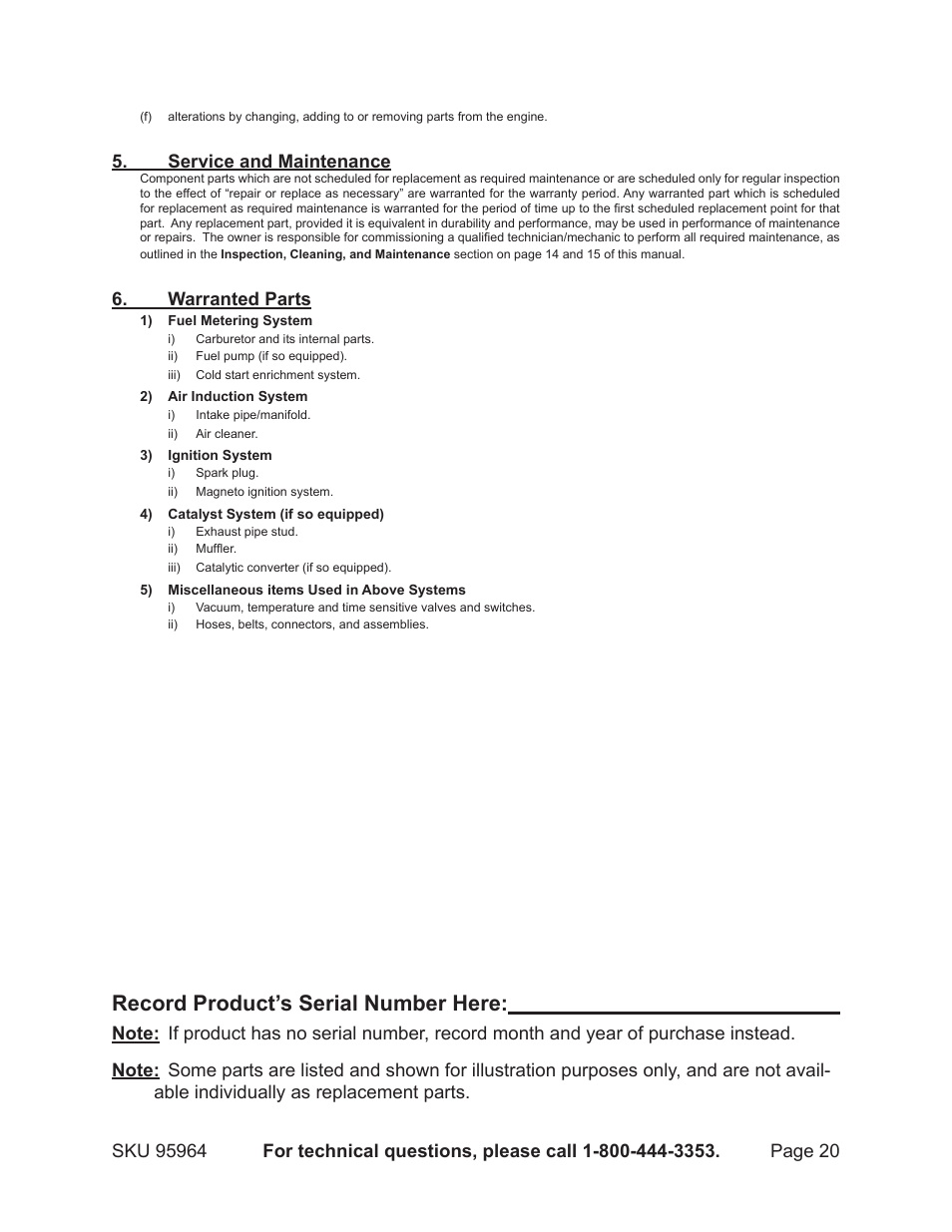 Record product’s serial number here, Service and maintenance, Warranted parts | Harbor Freight Tools 95964 User Manual | Page 20 / 21