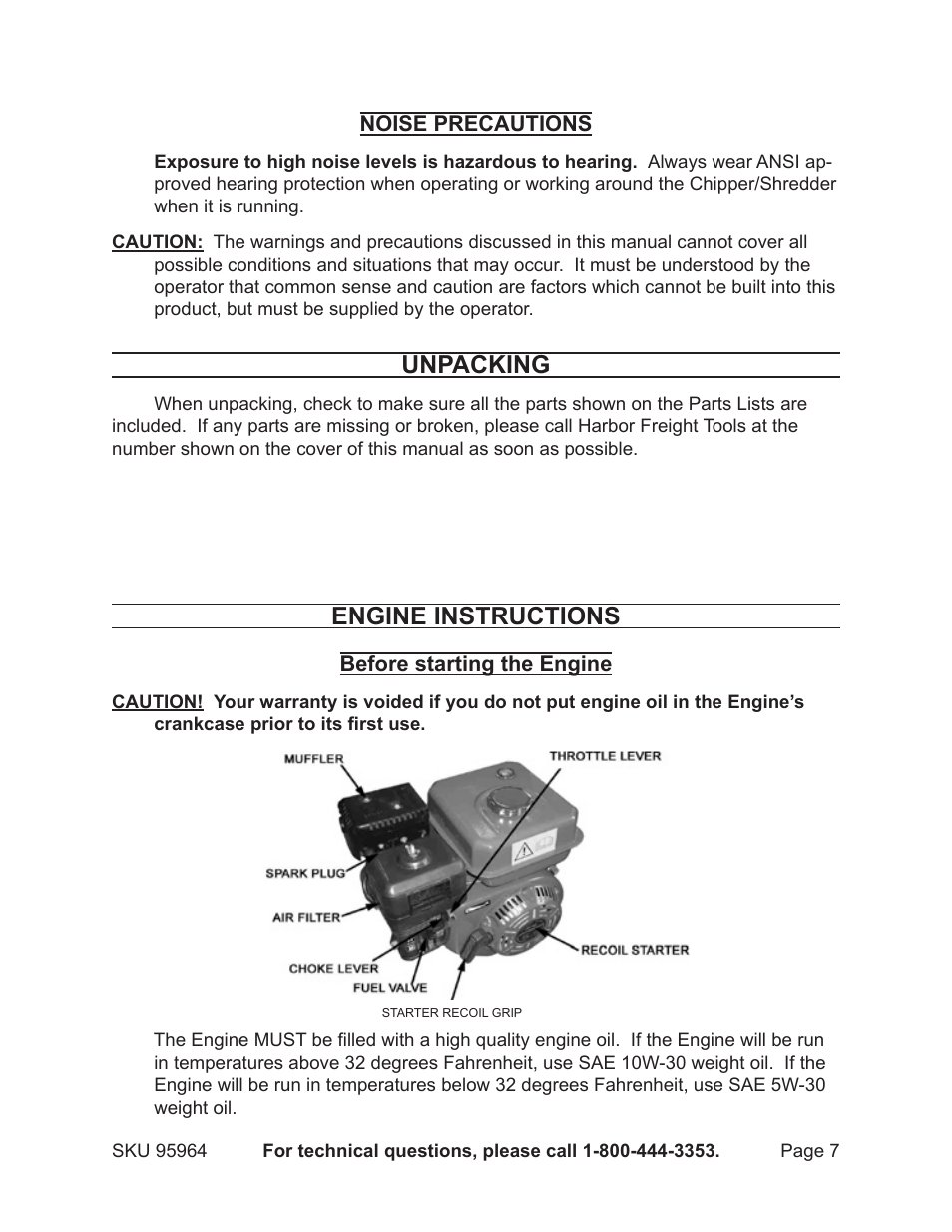 Engine instructions, Unpacking | Harbor Freight Tools 95964 User Manual | Page 7 / 21