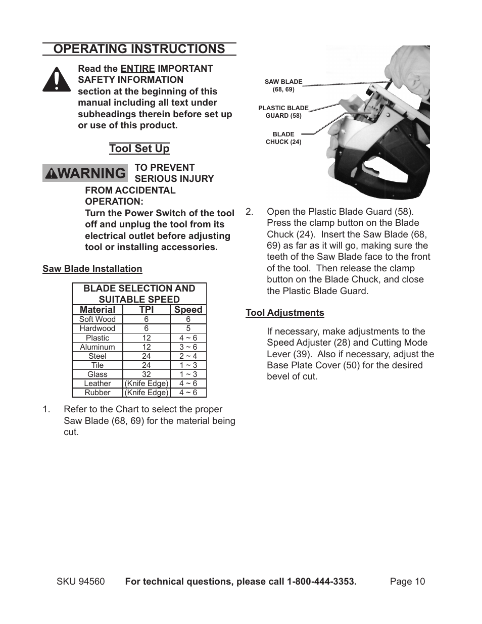 Operating instructions, Tool set up | Harbor Freight Tools Chicago 94560 User Manual | Page 10 / 16