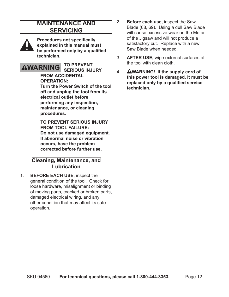 Maintenance and servicing | Harbor Freight Tools Chicago 94560 User Manual | Page 12 / 16