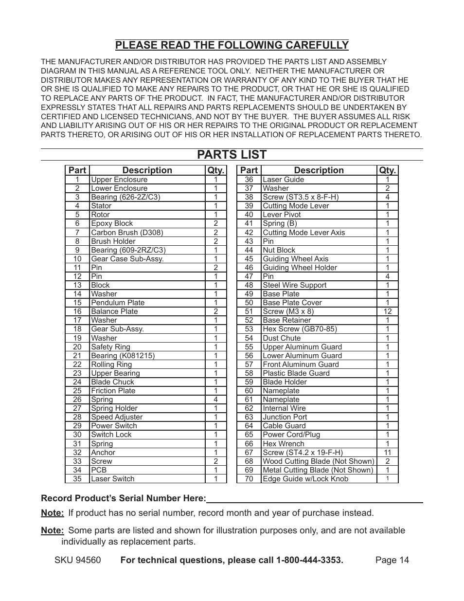 Parts list, Please read the following carefully | Harbor Freight Tools Chicago 94560 User Manual | Page 14 / 16