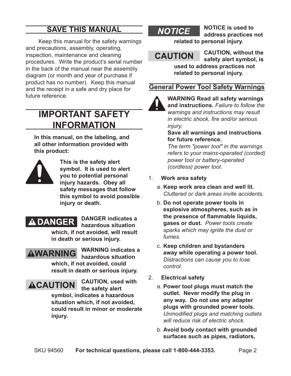 Important safety information, Save this manual | Harbor Freight Tools Chicago 94560 User Manual | Page 2 / 16