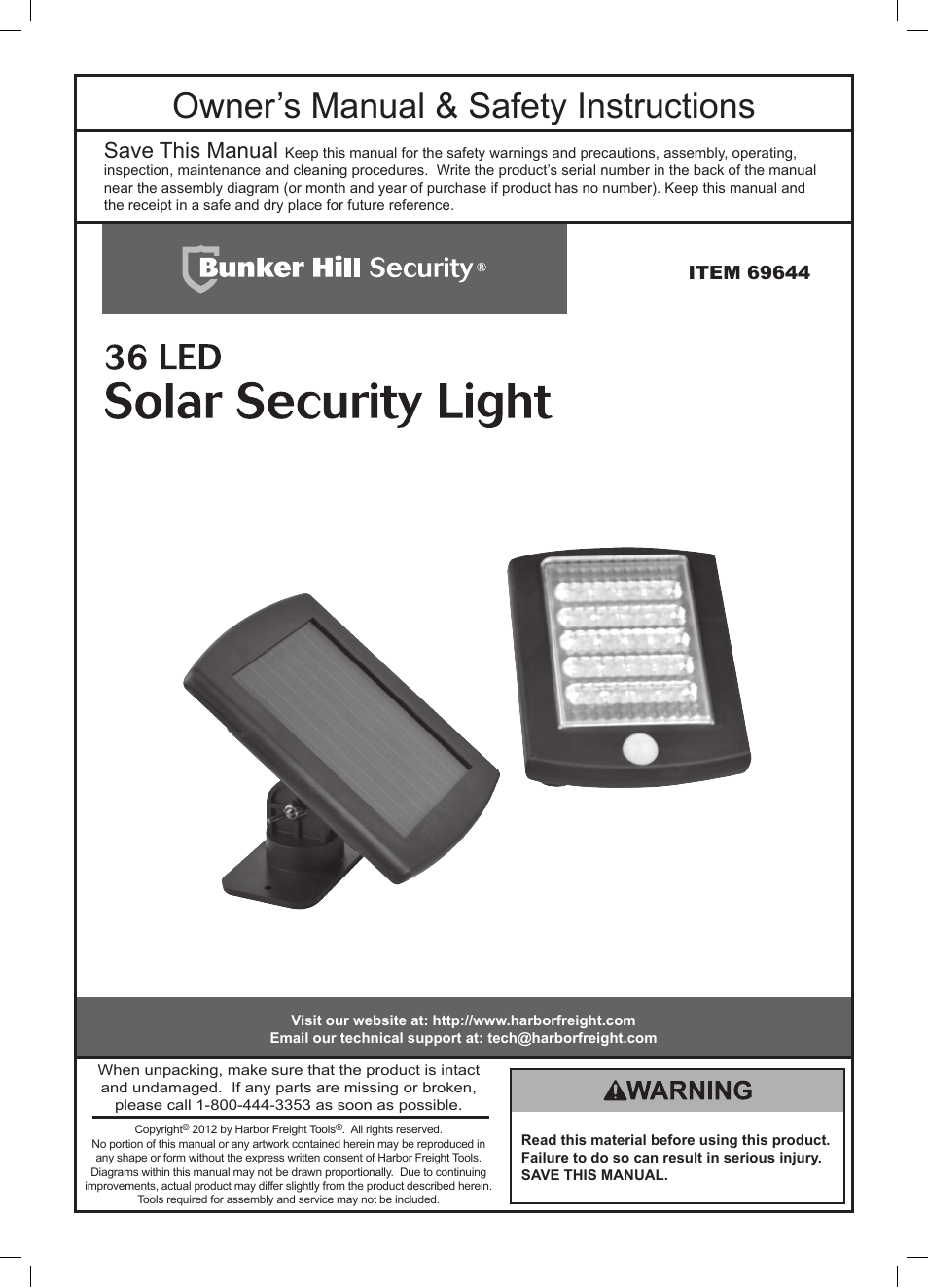 Harbor Freight Tools Solar Security Light 36 User Manual | 8 pages